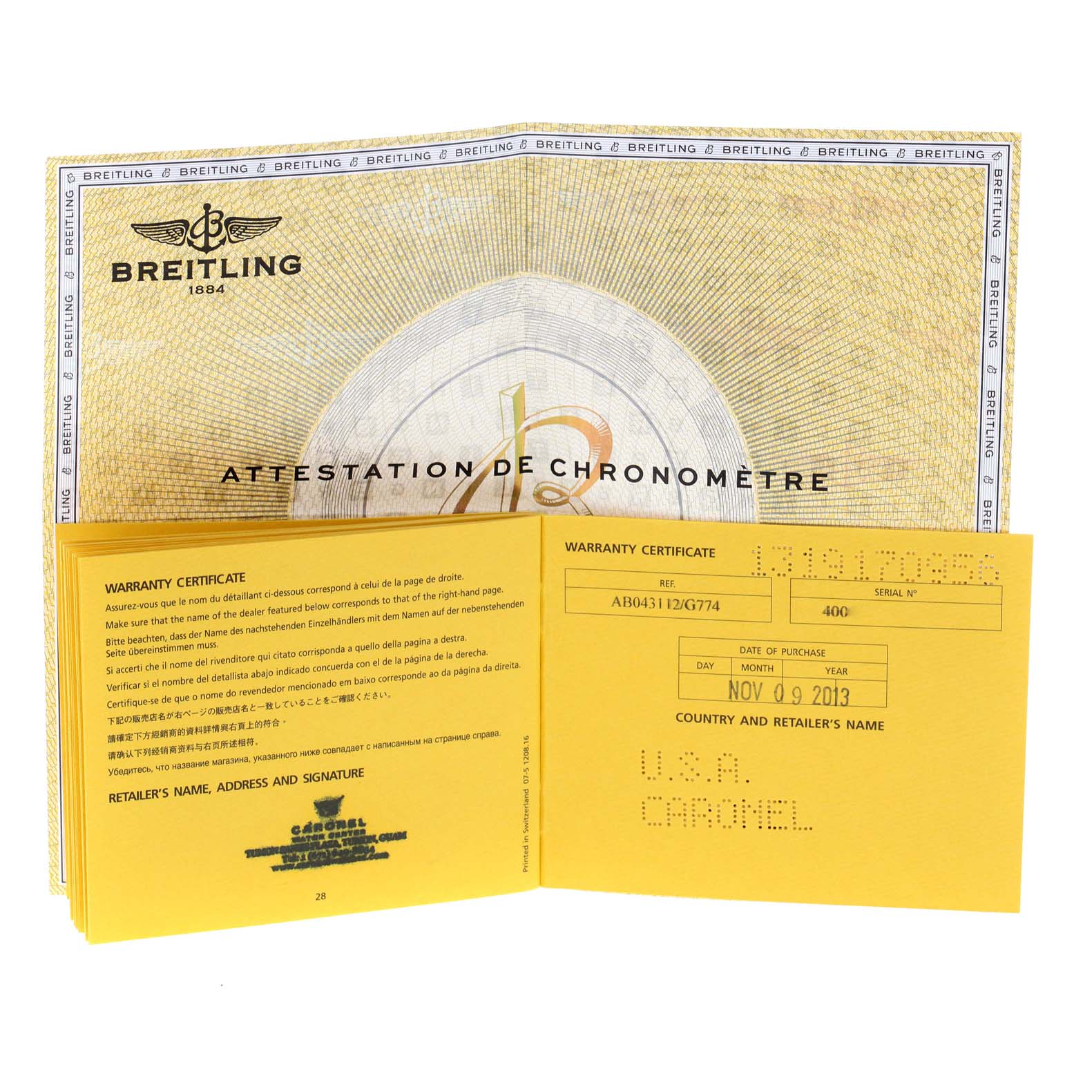 This image shows the warranty certificate and chronometer attestation for a Bentley model by Breitling.