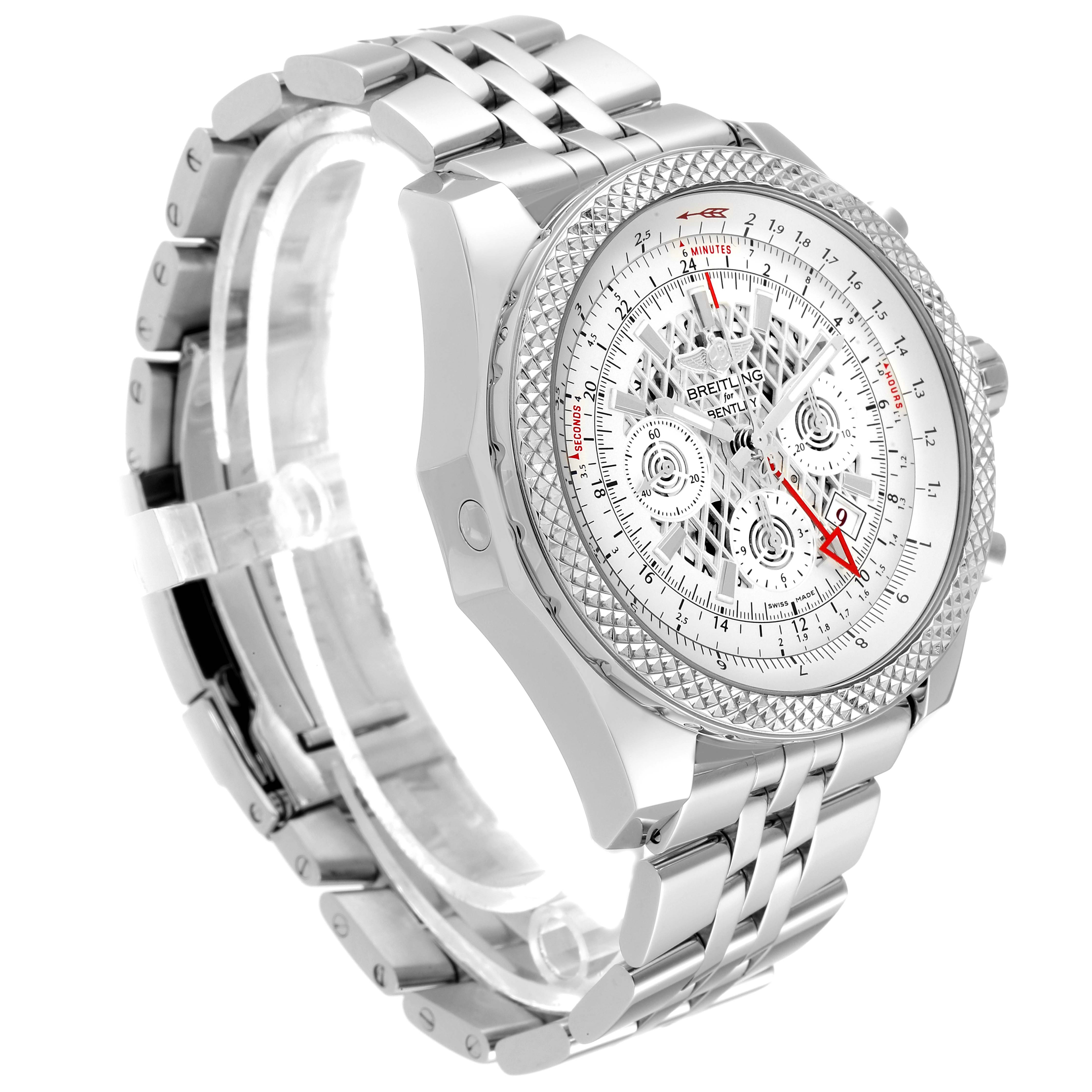 The image shows a side-angle view of the Breitling Bentley AB0431 Men's Stainless Steel Silver Dial AB0431 Men's Stainless Steel Silver Dial watch, highlighting the intricate dial, bezel, and bracelet.