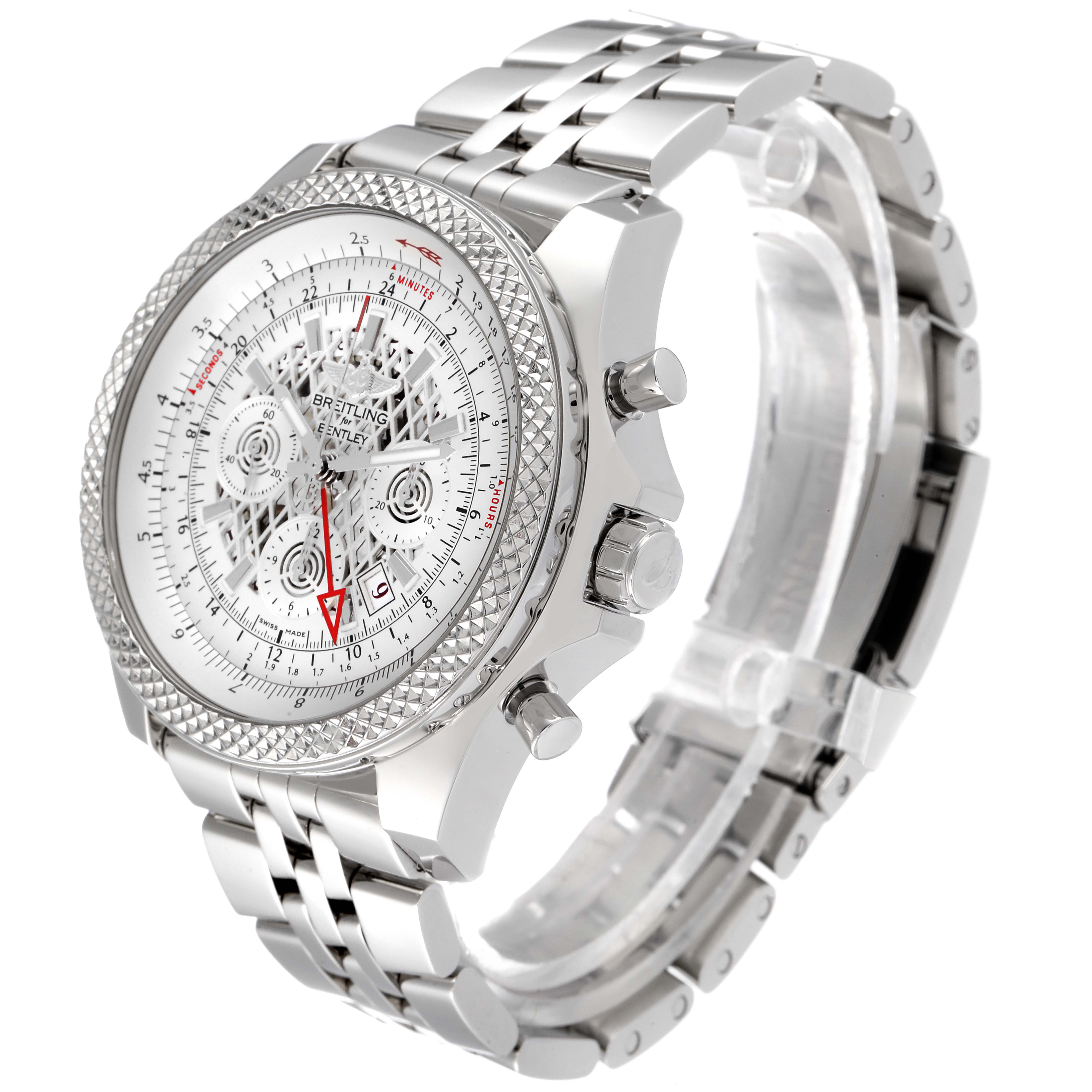 The image shows a side angle of a Bentley model watch by Breitling, highlighting the face, bezel, and metal bracelet.