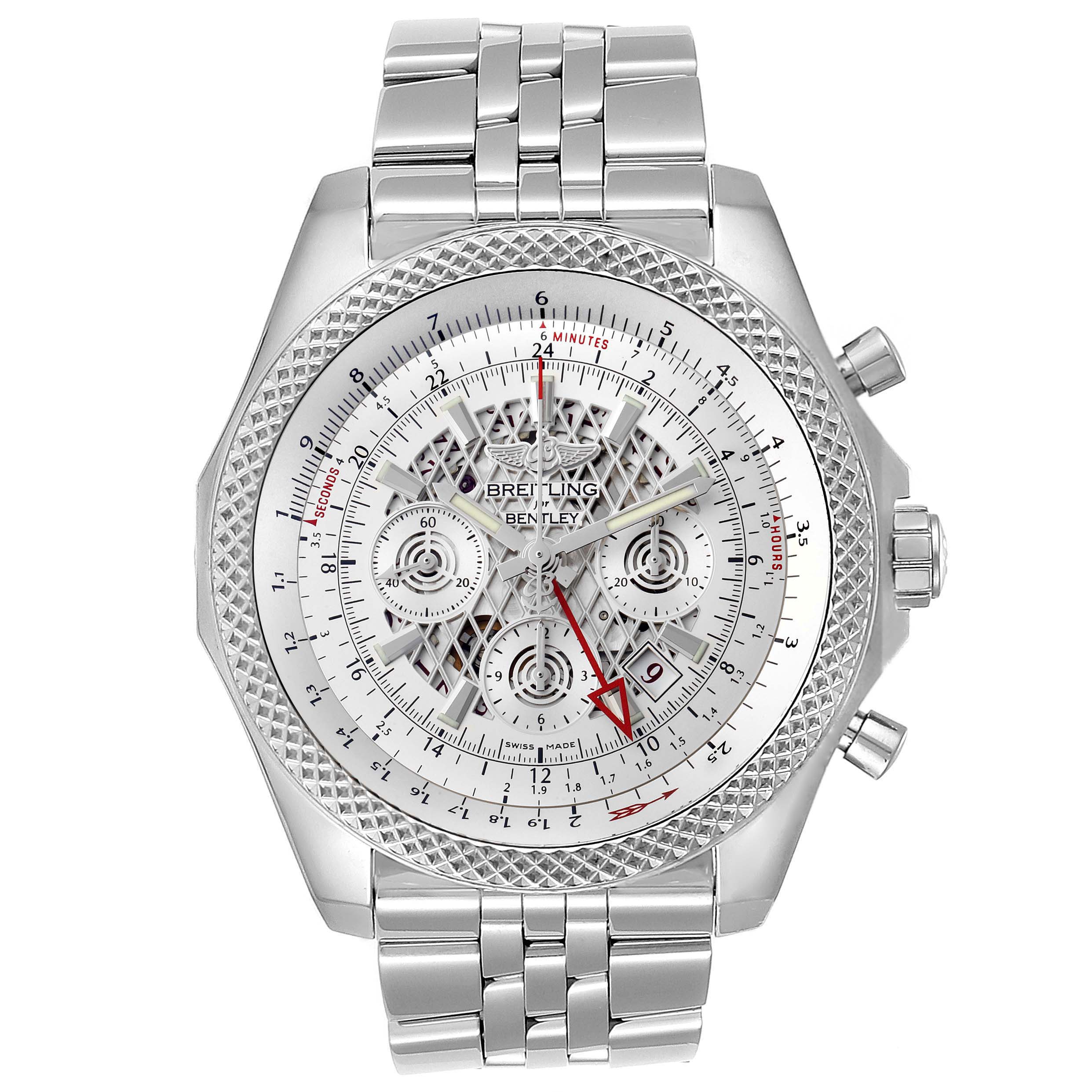 The image shows a Breitling Bentley AB0431 Men's Stainless Steel Silver Dial AB0431 Men's Stainless Steel Silver Dial watch from a front angle, highlighting its intricate dial and polished metal bracelet.