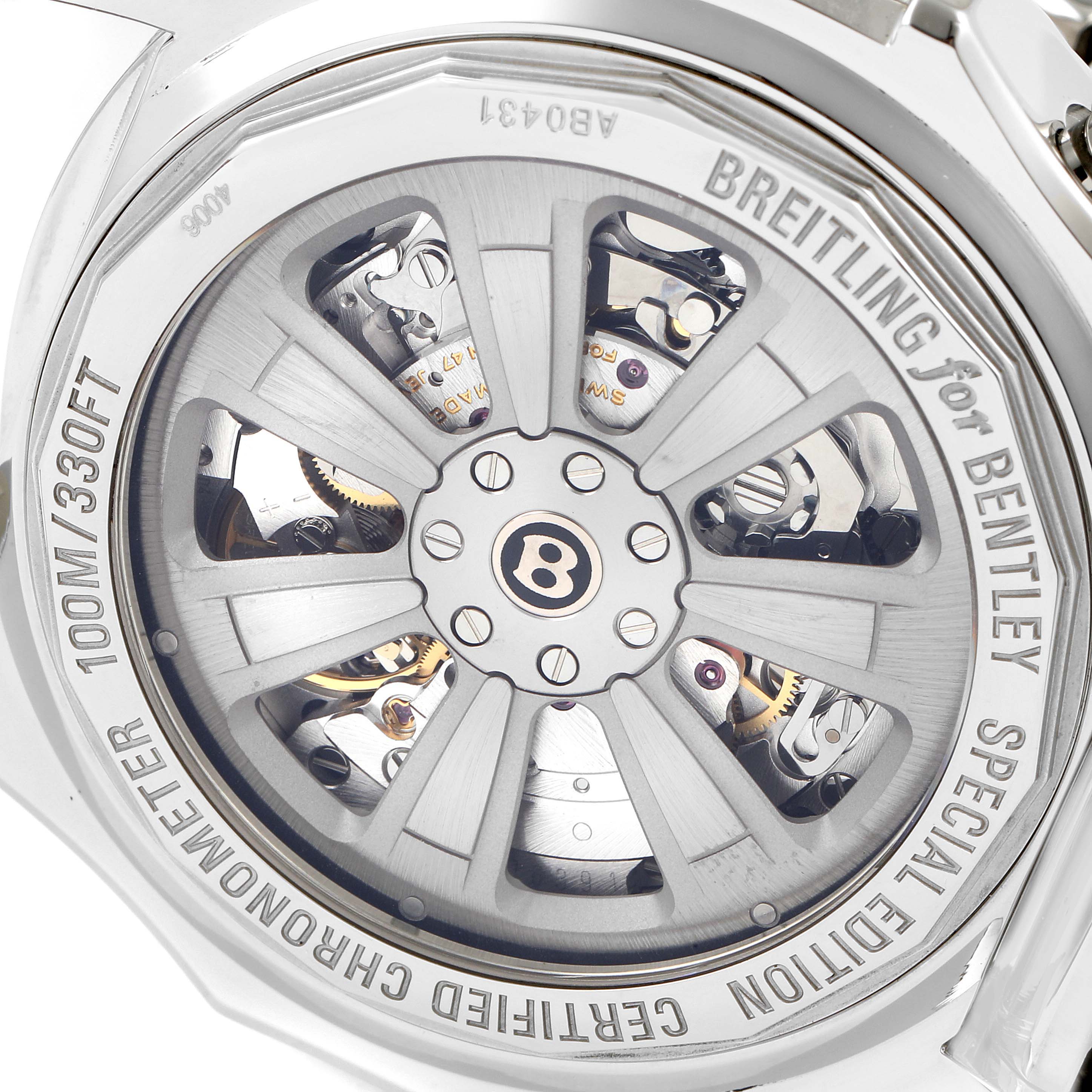 This image shows the back of a Breitling Bentley AB0431 Men's Stainless Steel Silver Dial AB0431 Men's Stainless Steel Silver Dial model watch, highlighting the intricate movement and "Special Edition" engraving.