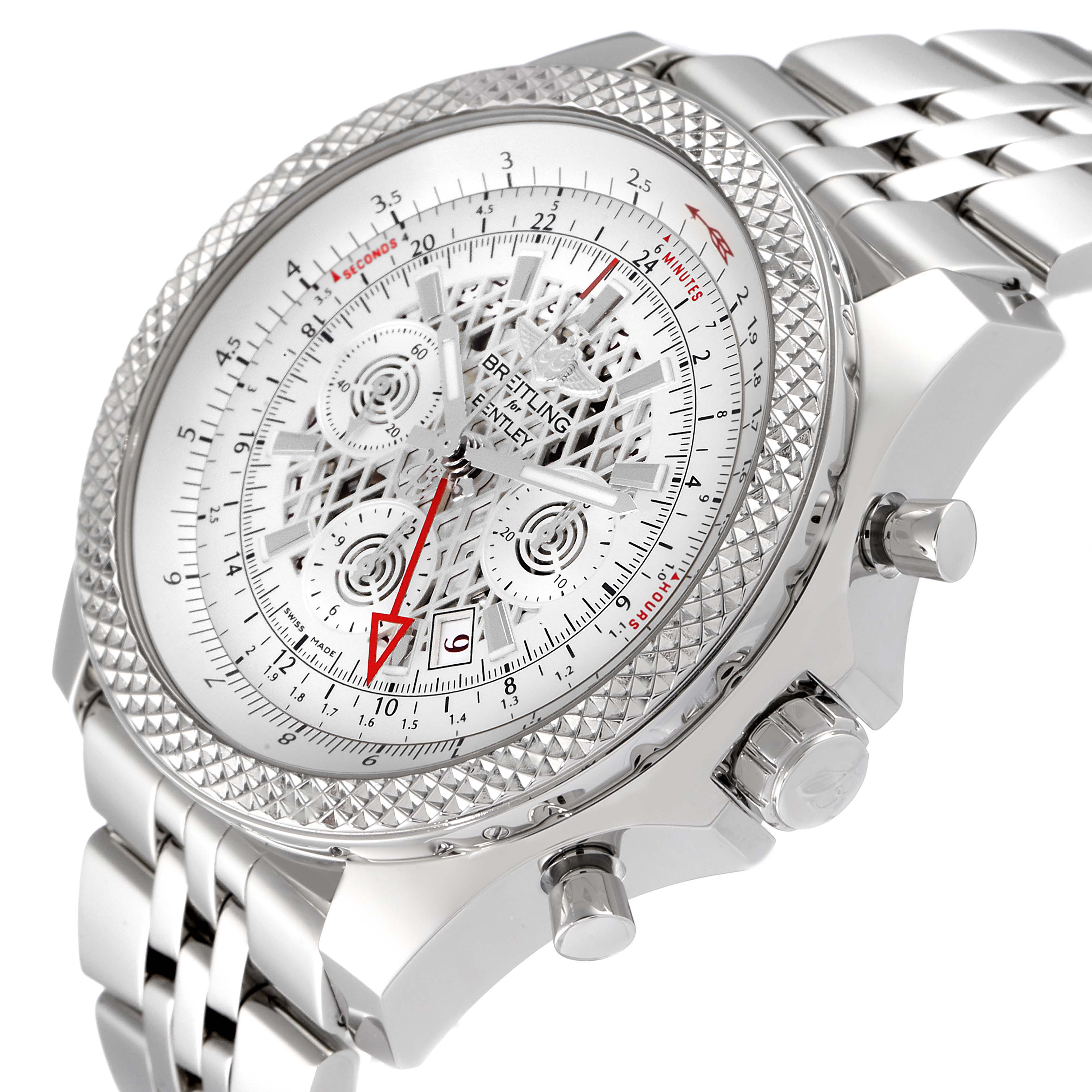 This image shows a Breitling Bentley AB0431 Men's Stainless Steel Silver Dial AB0431 Men's Stainless Steel Silver Dial model watch angled to display the face, bezel, crown, and part of the bracelet.