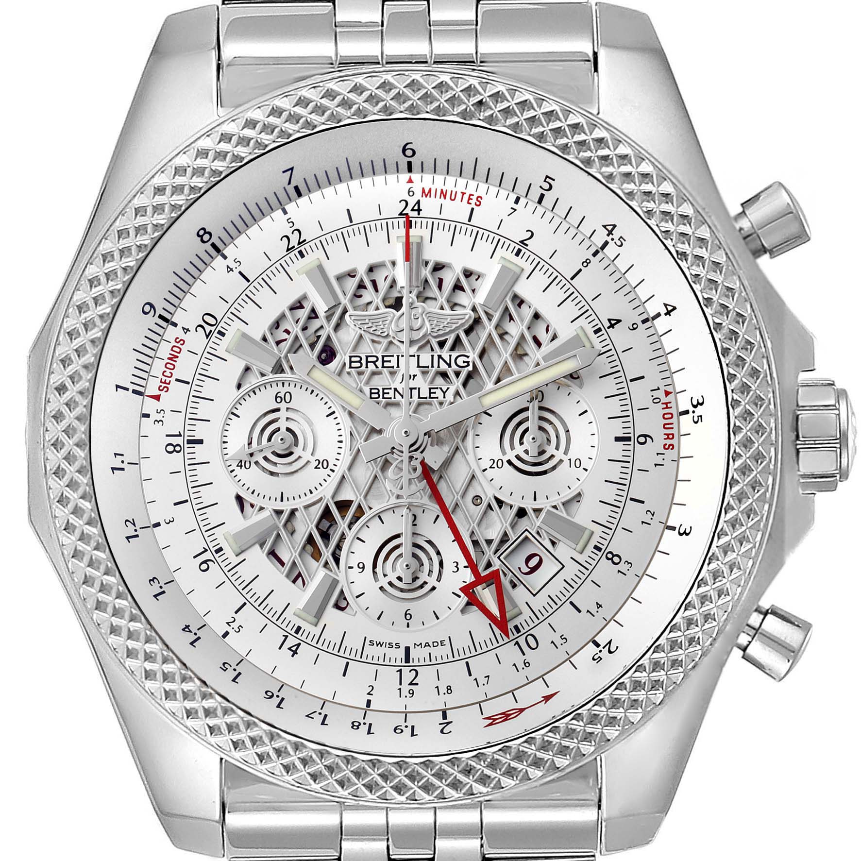 The image shows a frontal view of a Breitling Bentley AB0431 Men's Stainless Steel Silver Dial AB0431 Men's Stainless Steel Silver Dial watch, highlighting the dial, bezel, and strap.