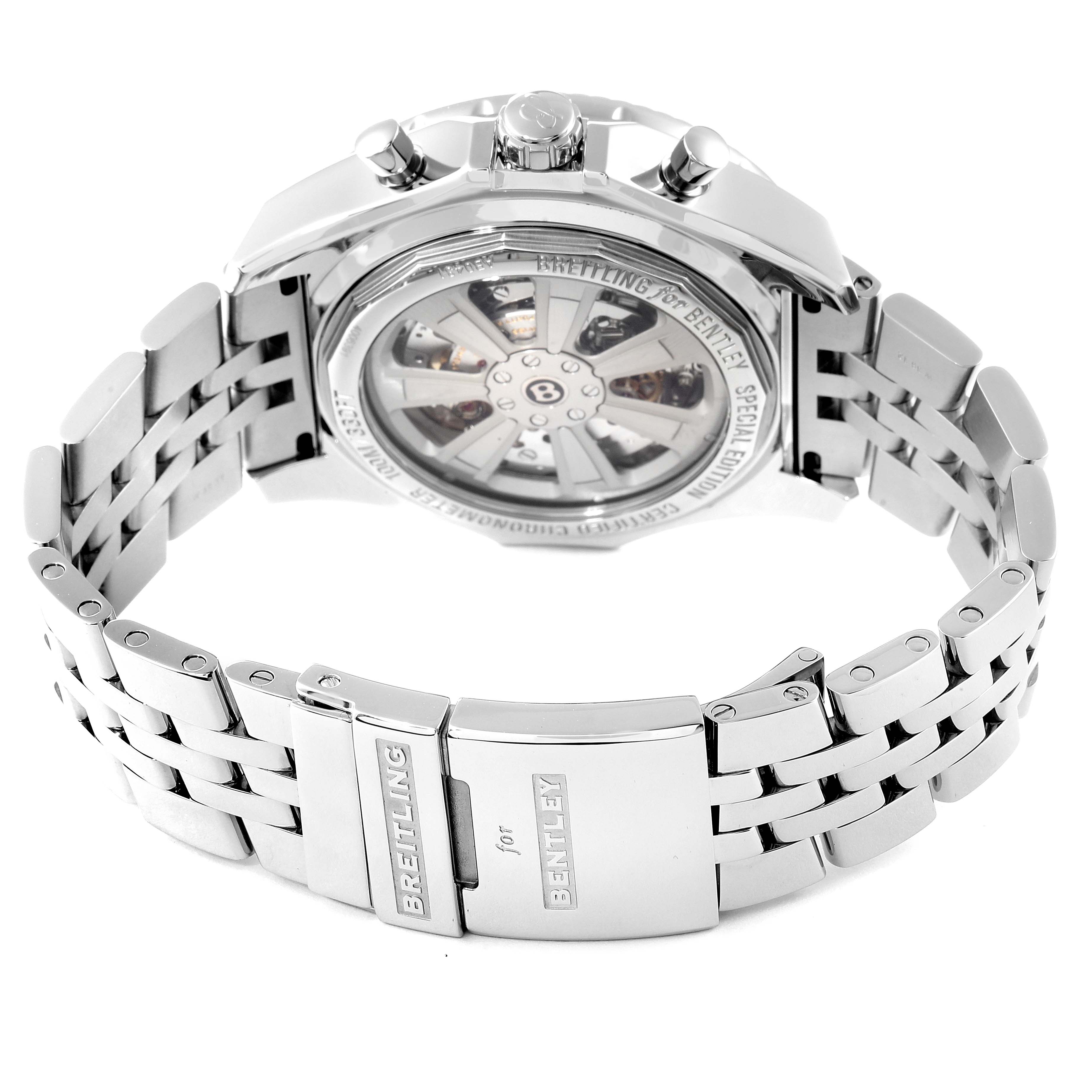 The image shows the back view of a Breitling for Bentley watch, highlighting the clasp and the transparent case back.