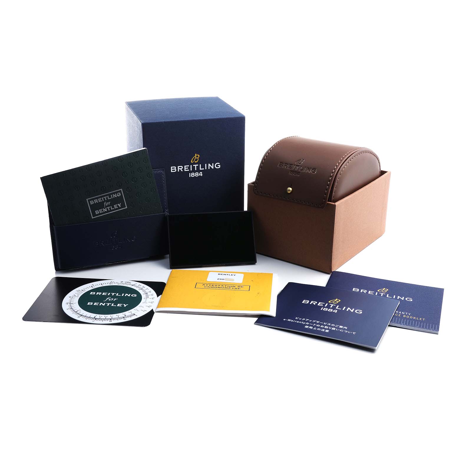 The image shows a Breitling Bentley A13362 Men's Stainless Steel Mother of Pearl Dial watch with its box, leather case, and various booklets from a front angle.