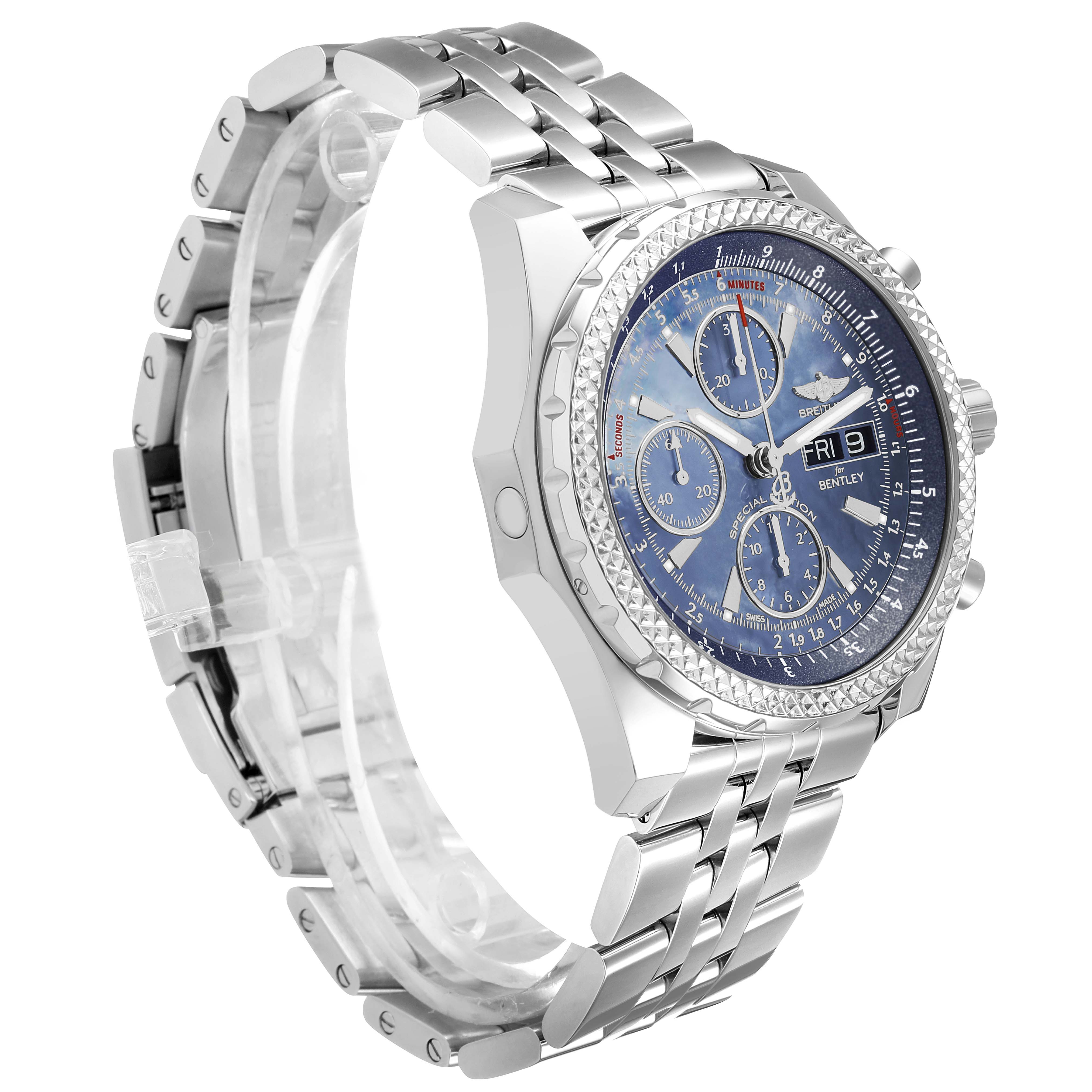 The Breitling Bentley A13362 Men's Stainless Steel Mother of Pearl Dial watch is shown from a side angle highlighting the bracelet, bezel, and dial.