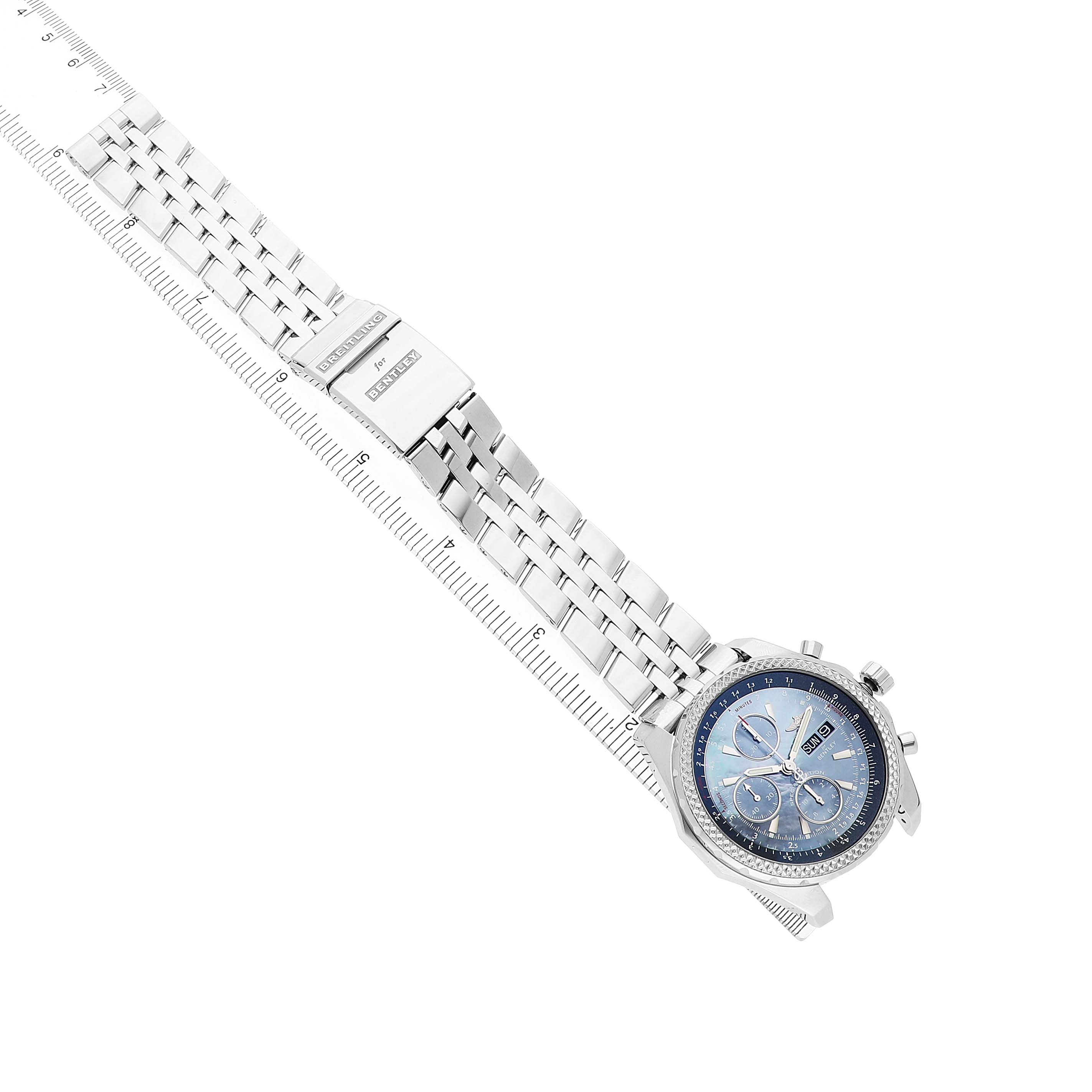 The Breitling Bentley A13362 Men's Stainless Steel Mother of Pearl Dial watch is angled diagonally, showing the face, case, and full bracelet with clasp.