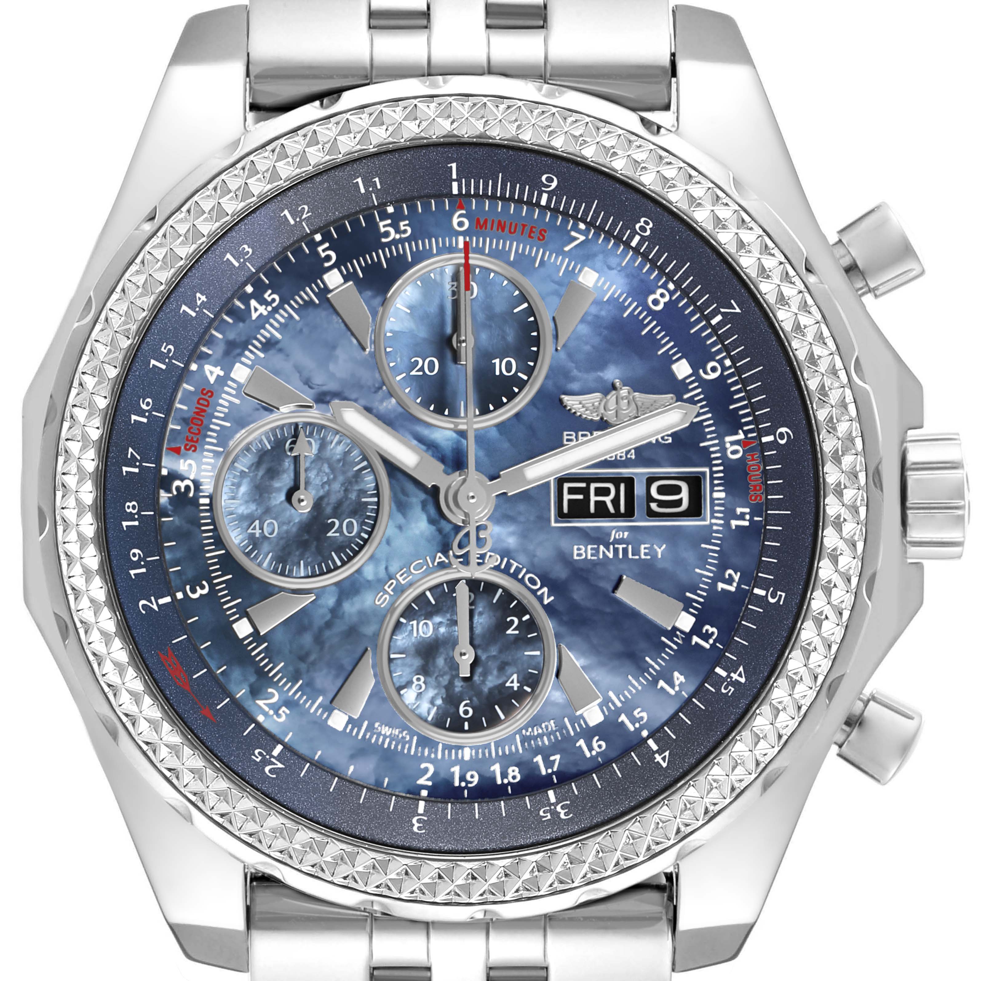 The Bentley by Breitling watch is shown from a straight-on angle, displaying the face, bezel, and part of the bracelet.