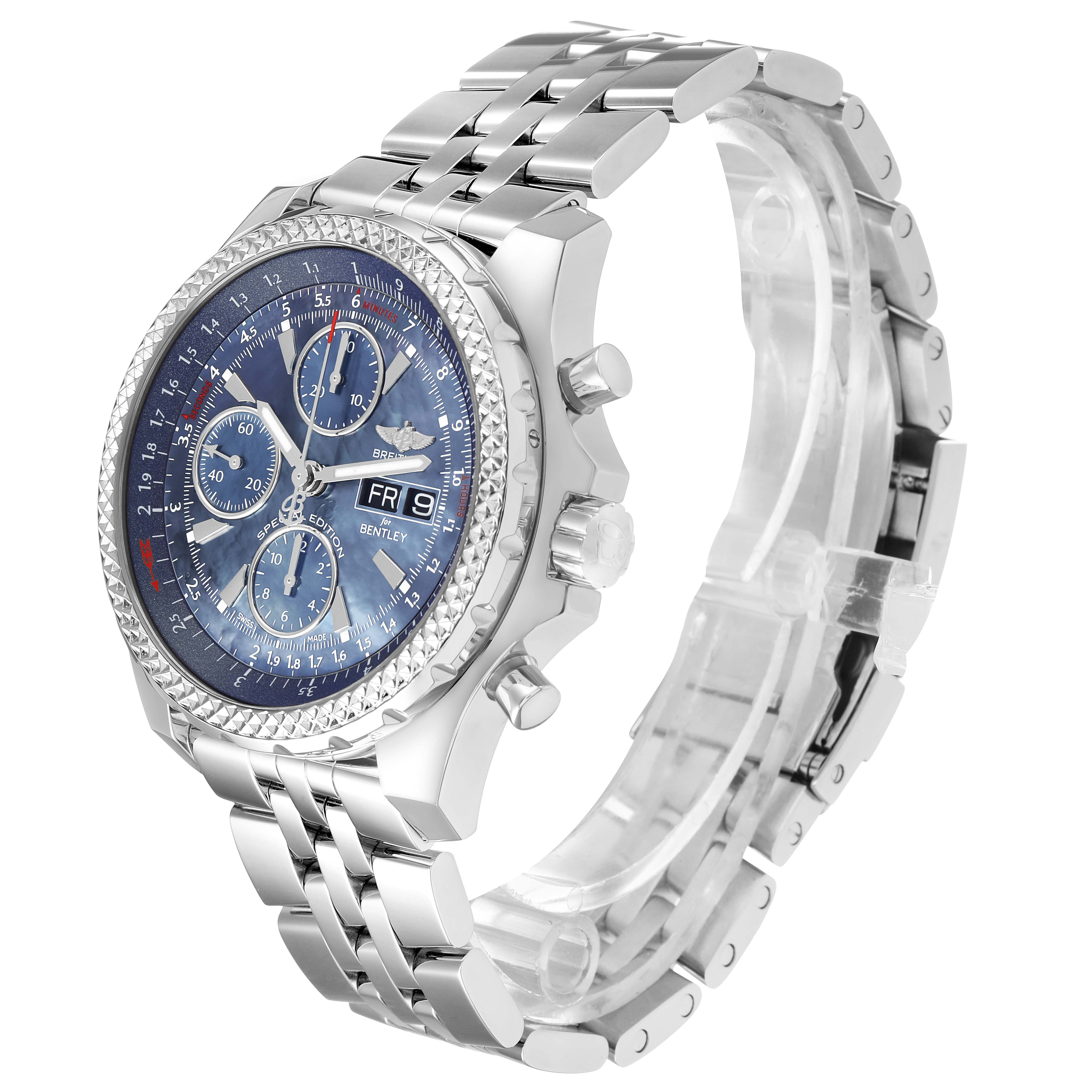 The Breitling Bentley A13362 Men's Stainless Steel Mother of Pearl Dial watch is shown from a three-quarter angle, displaying its dial, bezel, and bracelet.