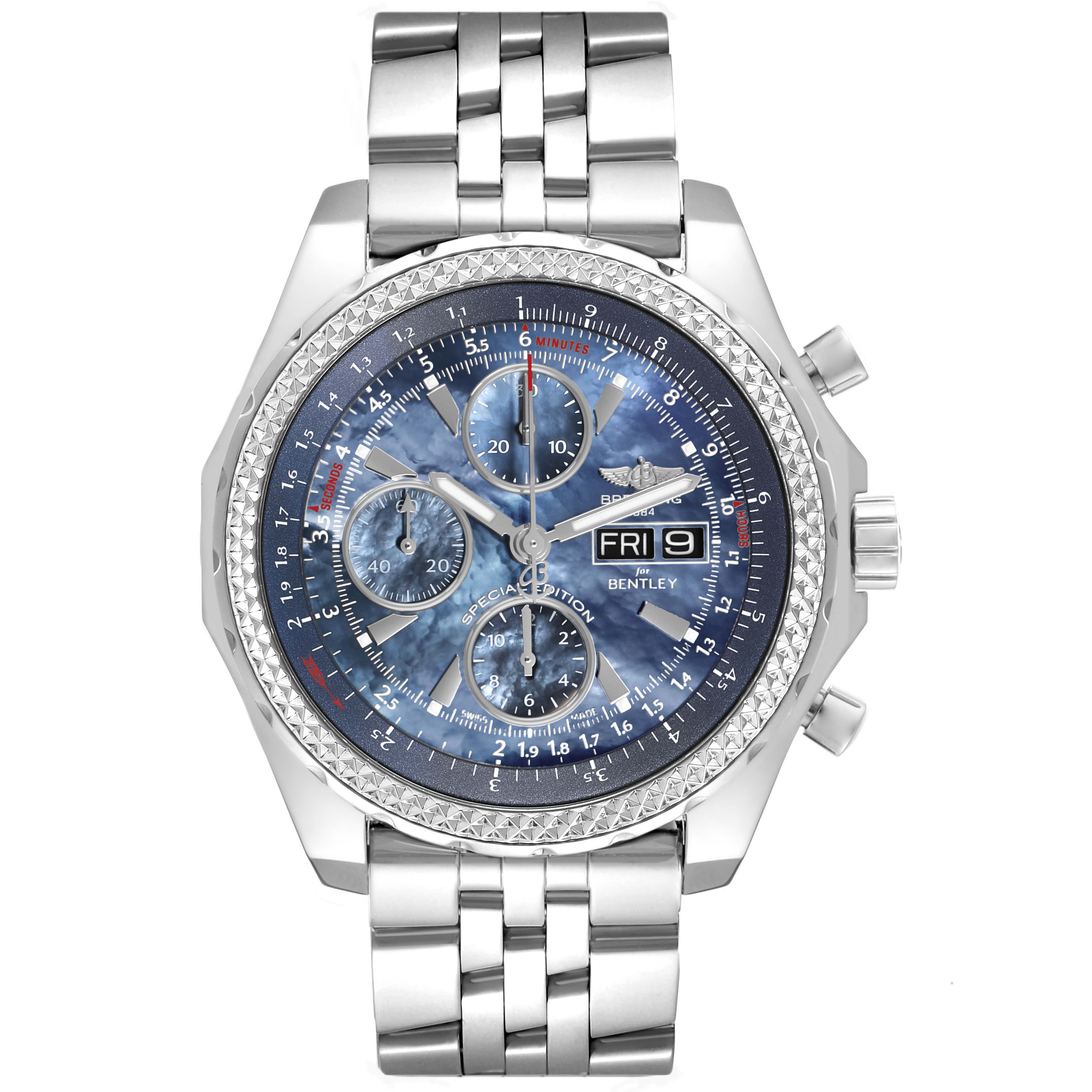 The Breitling Bentley A13362 Men's Stainless Steel Mother of Pearl Dial watch is shown from the front, displaying the dial, subdials, date, and stainless steel bracelet.