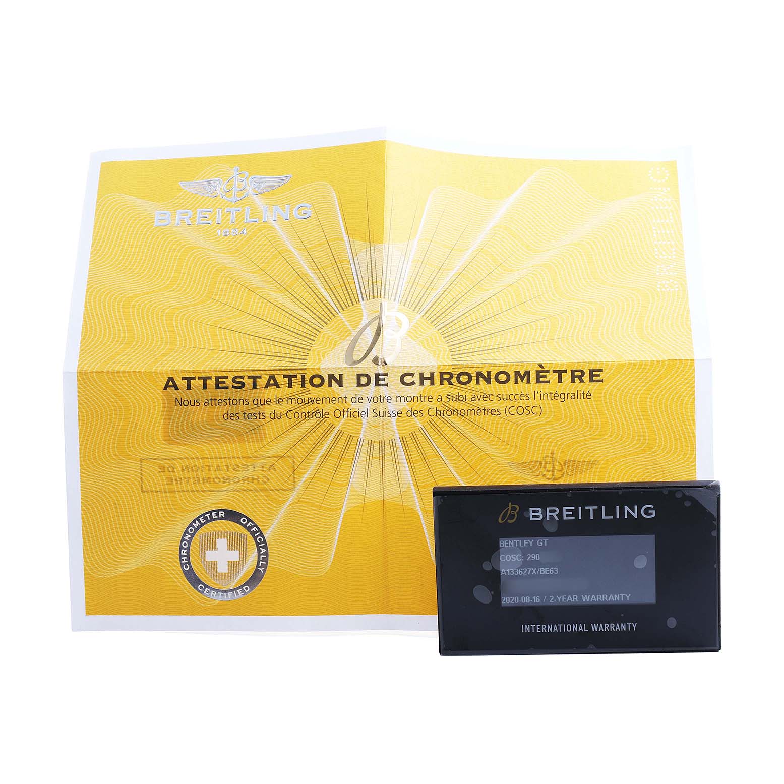 The image shows the Breitling Bentley A13362 Men's Stainless Steel Mother of Pearl Dial model's certification and warranty card at a flat angle.