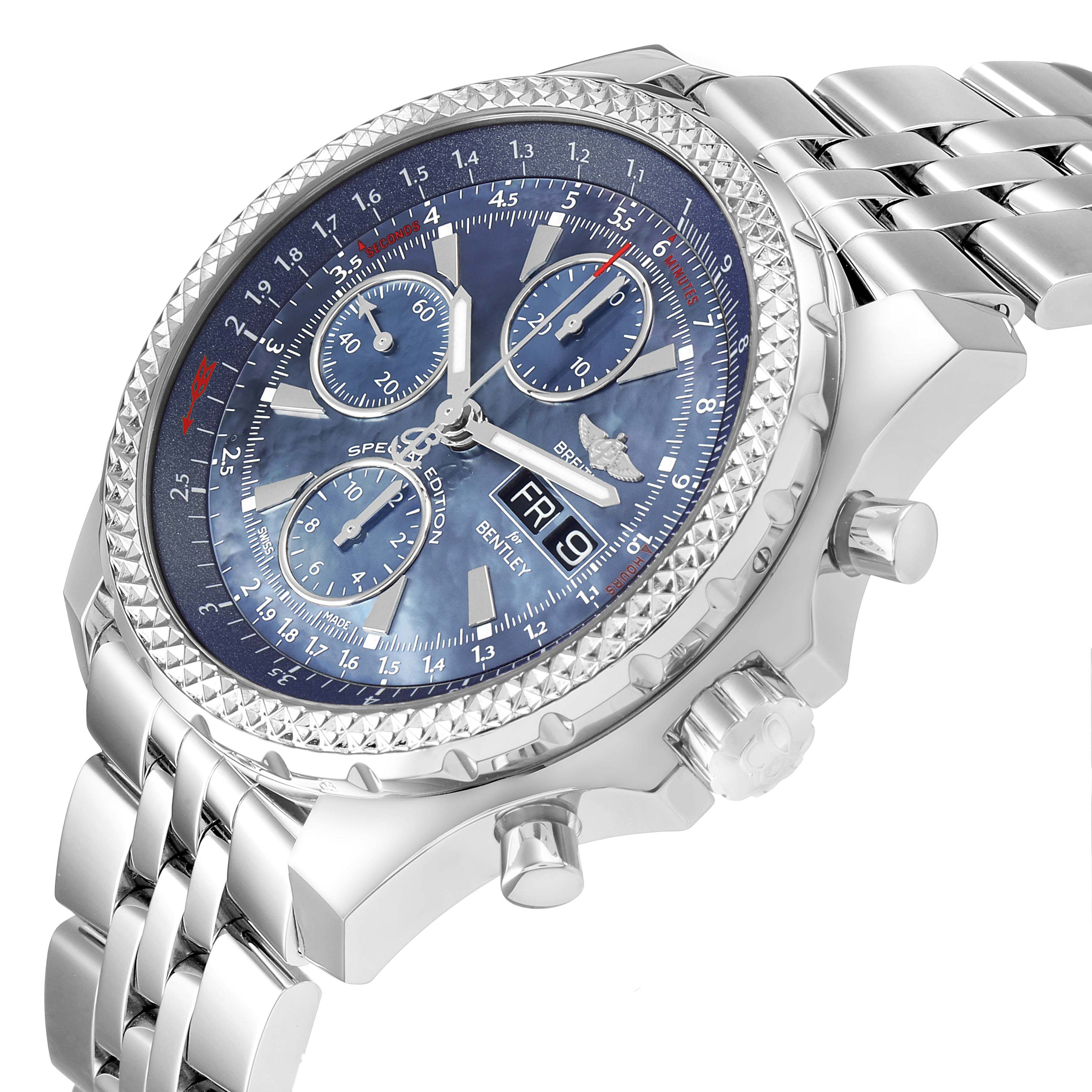 The Breitling Bentley A13362 Men's Stainless Steel Mother of Pearl Dial watch is shown at a three-quarter angle, displaying the face, bezel, and part of the bracelet.