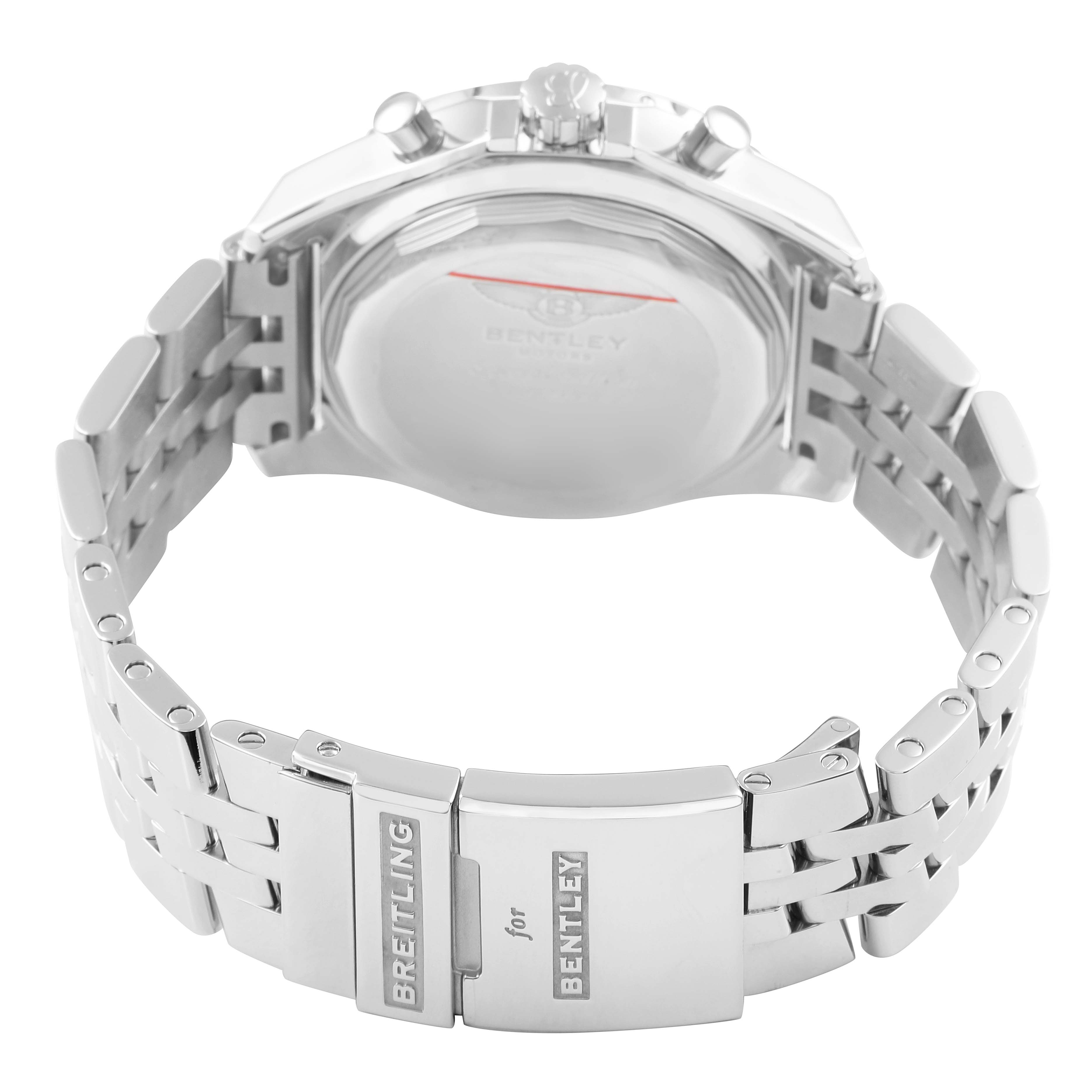 The image shows the back and bracelet clasp of a Breitling for Bentley watch.