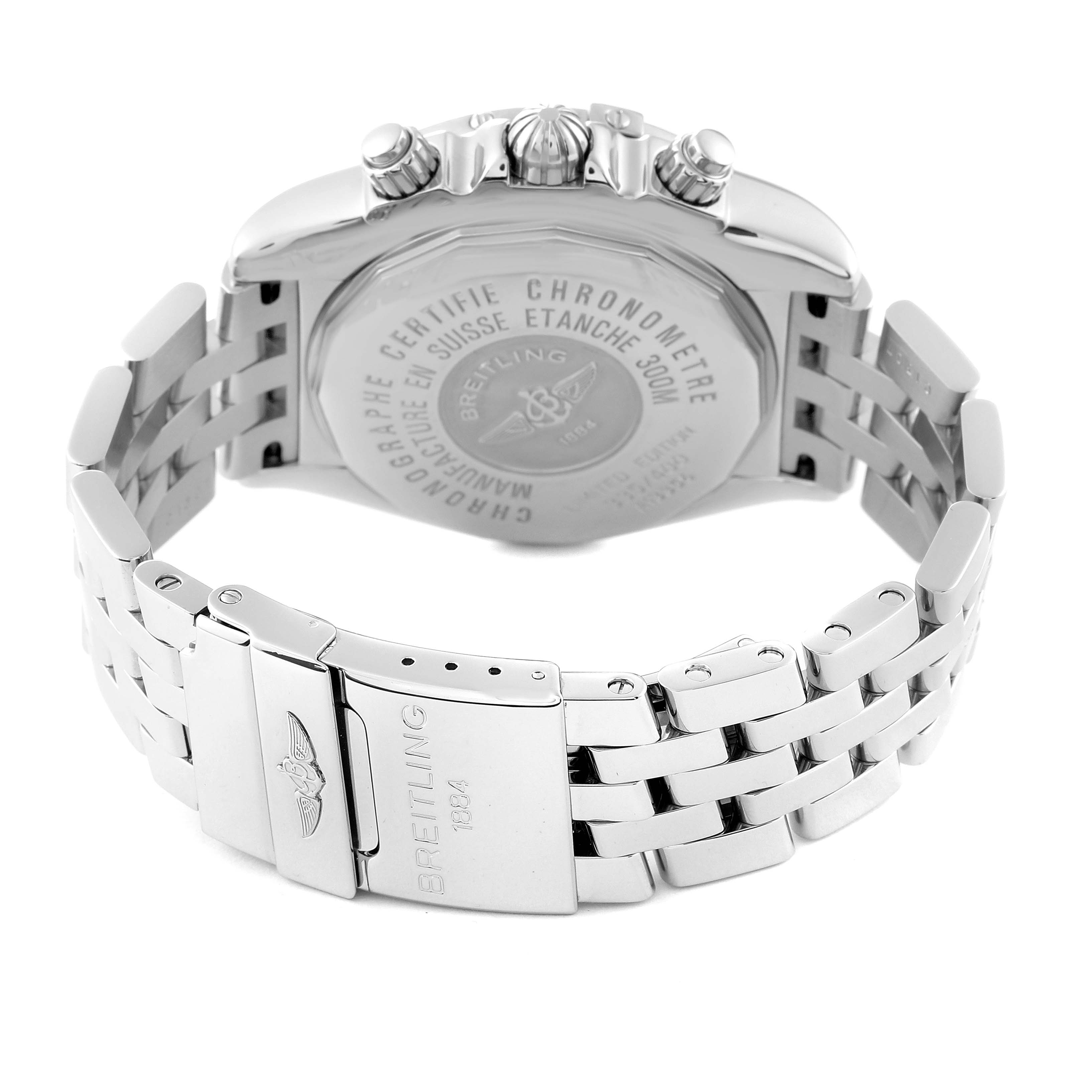 The image shows the back side and clasp of a Breitling Chronomat A13356 Men's Stainless Steel Mother of Pearl Dial A13356 Men's Stainless Steel Mother of Pearl Dial model watch, highlighting the case back, bracelet, and clasp.