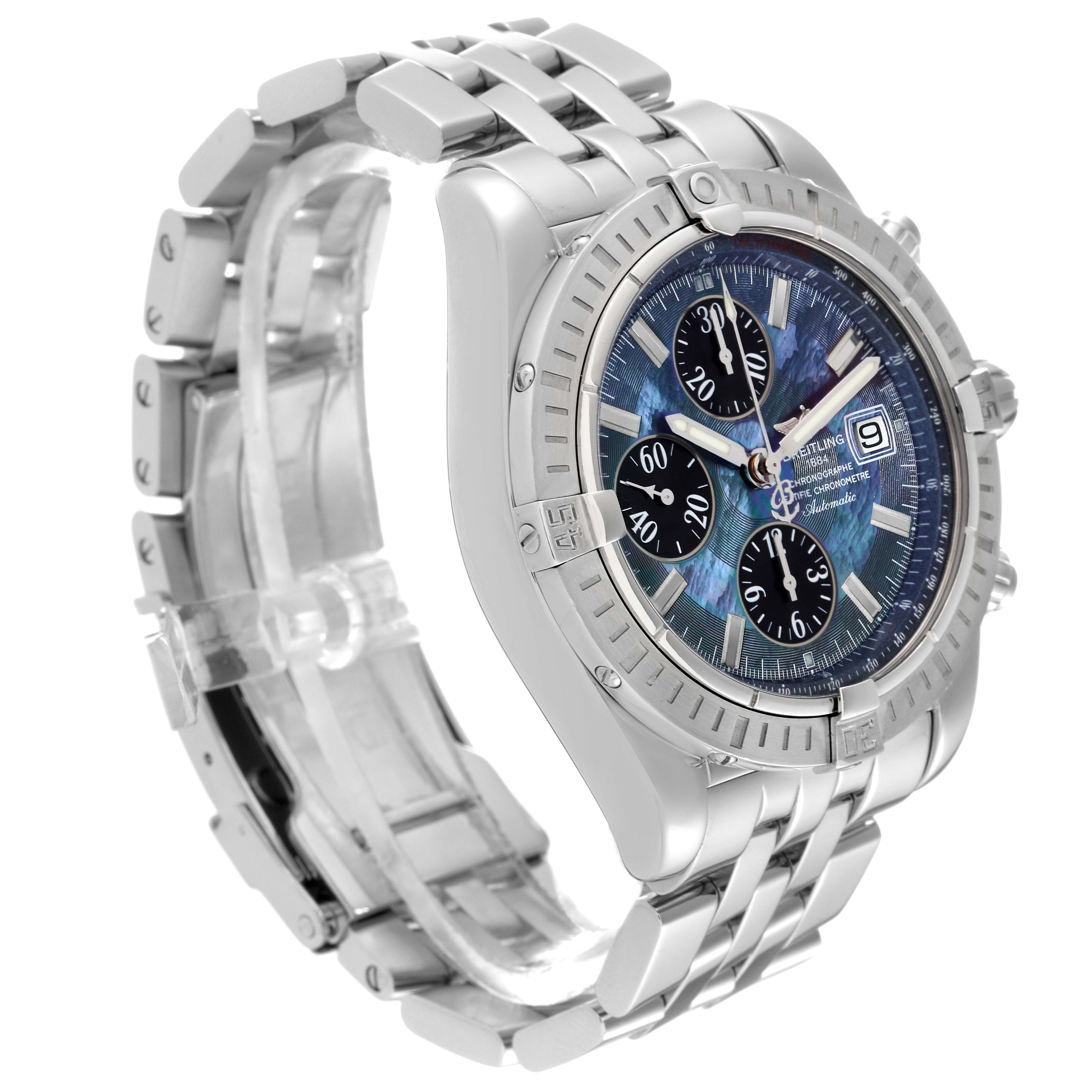 The Breitling Chronomat A13356 Men's Stainless Steel Mother of Pearl Dial A13356 Men's Stainless Steel Mother of Pearl Dial watch is shown at an angled side view highlighting its bezel, face, subdials, and partially opened bracelet.