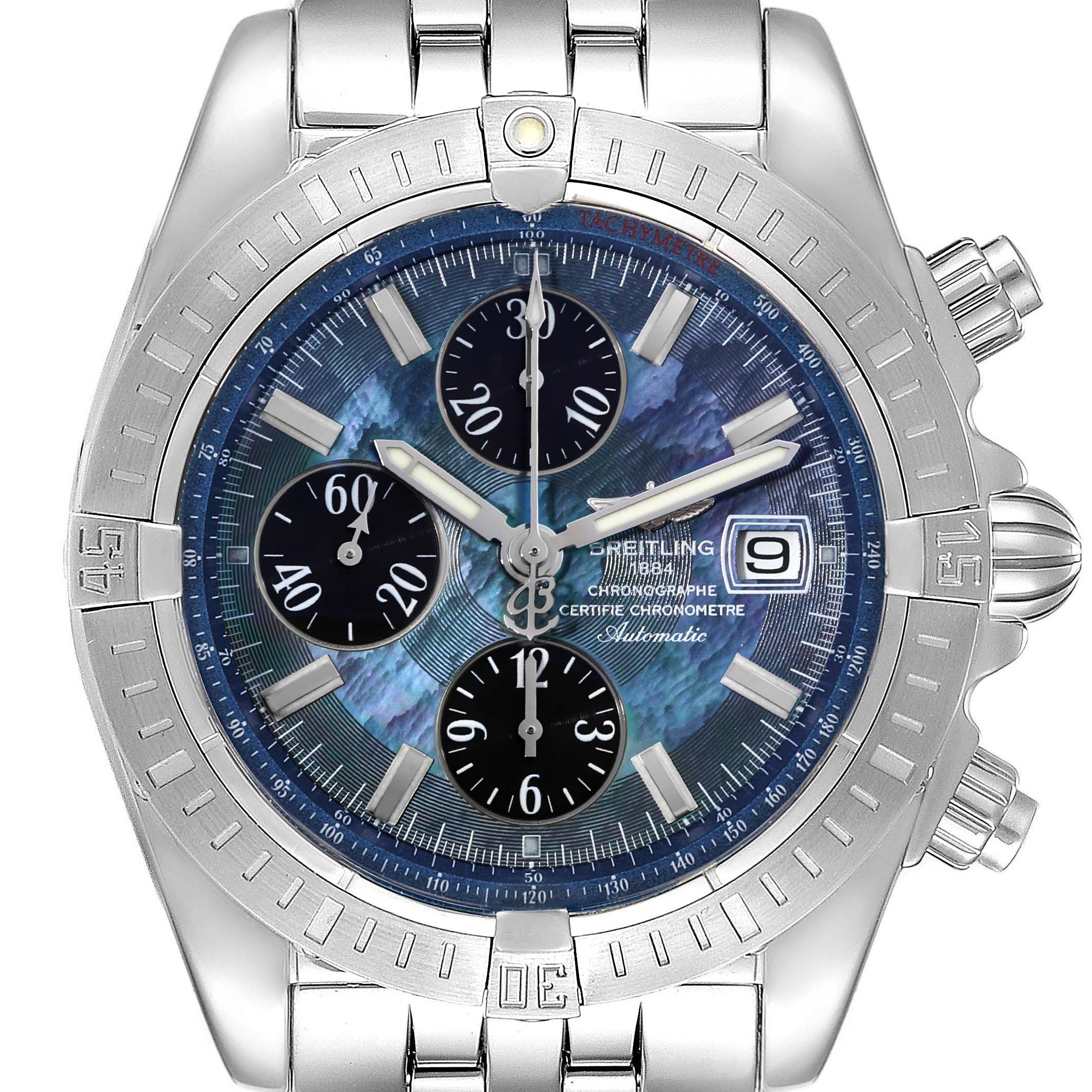 The image shows a front view of the Breitling Chronomat A13356 Men's Stainless Steel Mother of Pearl Dial A13356 Men's Stainless Steel Mother of Pearl Dial watch, highlighting the dial, chronograph sub-dials, date window, and stainless steel bracelet.