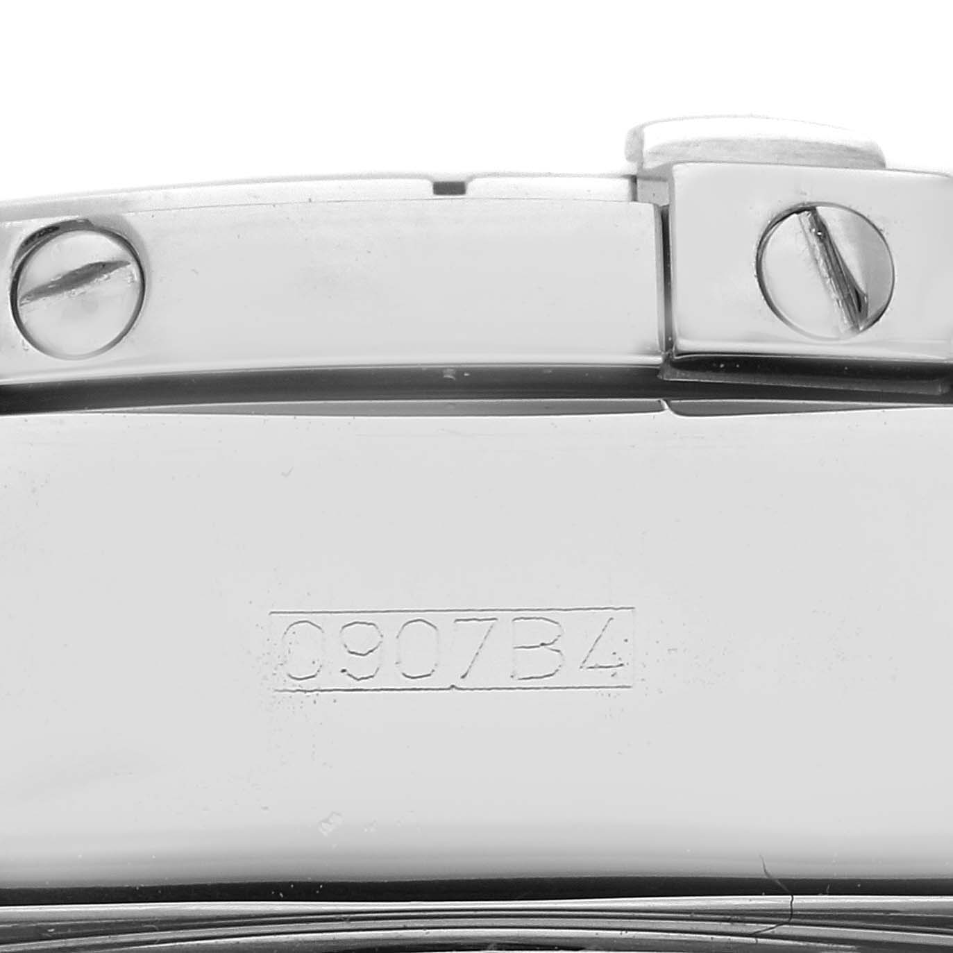 The image shows a close-up of the clasp mechanism and serial number engraving of a Breitling Chronomat A13356 Men's Stainless Steel Mother of Pearl Dial A13356 Men's Stainless Steel Mother of Pearl Dial watch.