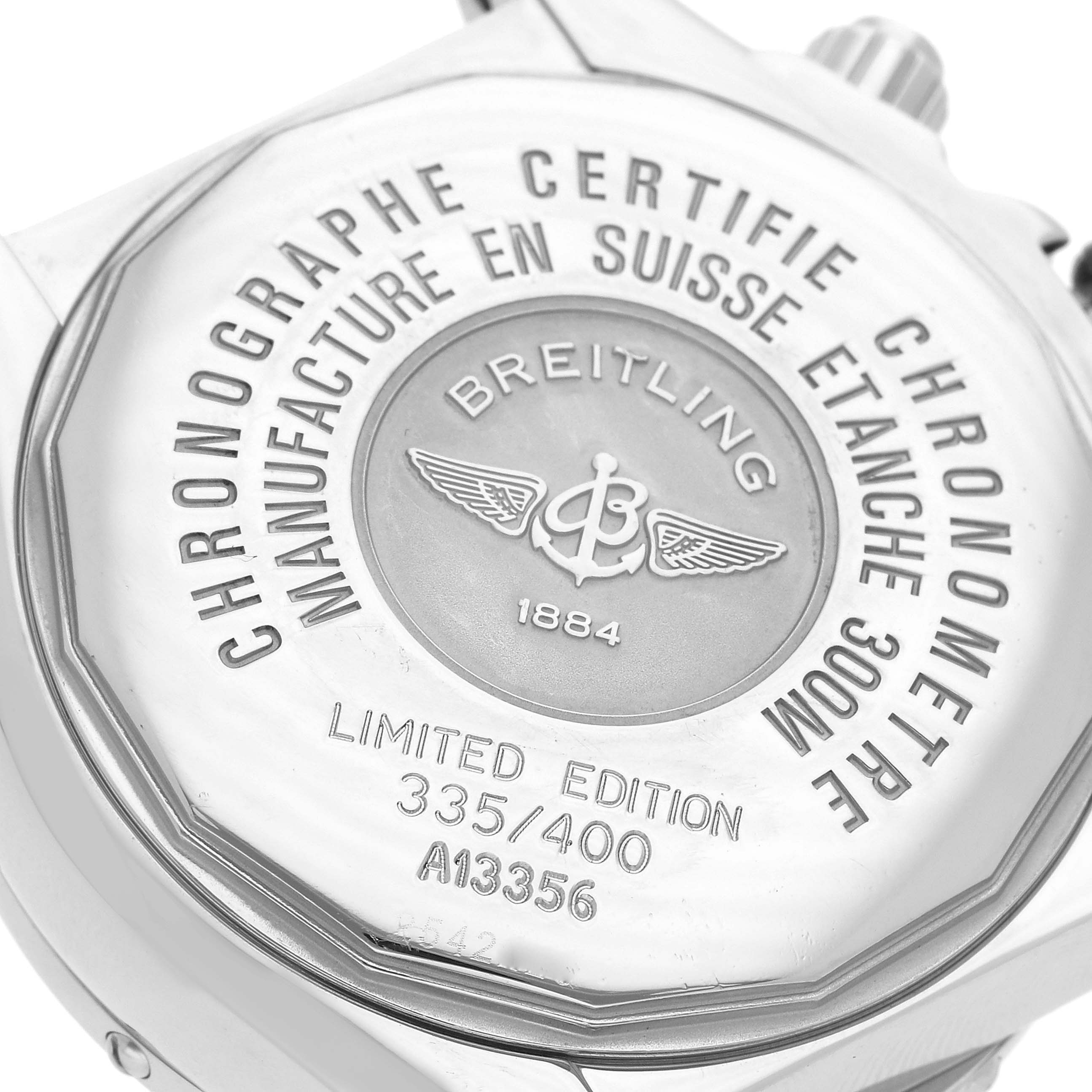 The image shows the back case of the Breitling Chronomat A13356 Men's Stainless Steel Mother of Pearl Dial A13356 Men's Stainless Steel Mother of Pearl Dial watch with engravings indicating it is a limited edition and certified chronometer.