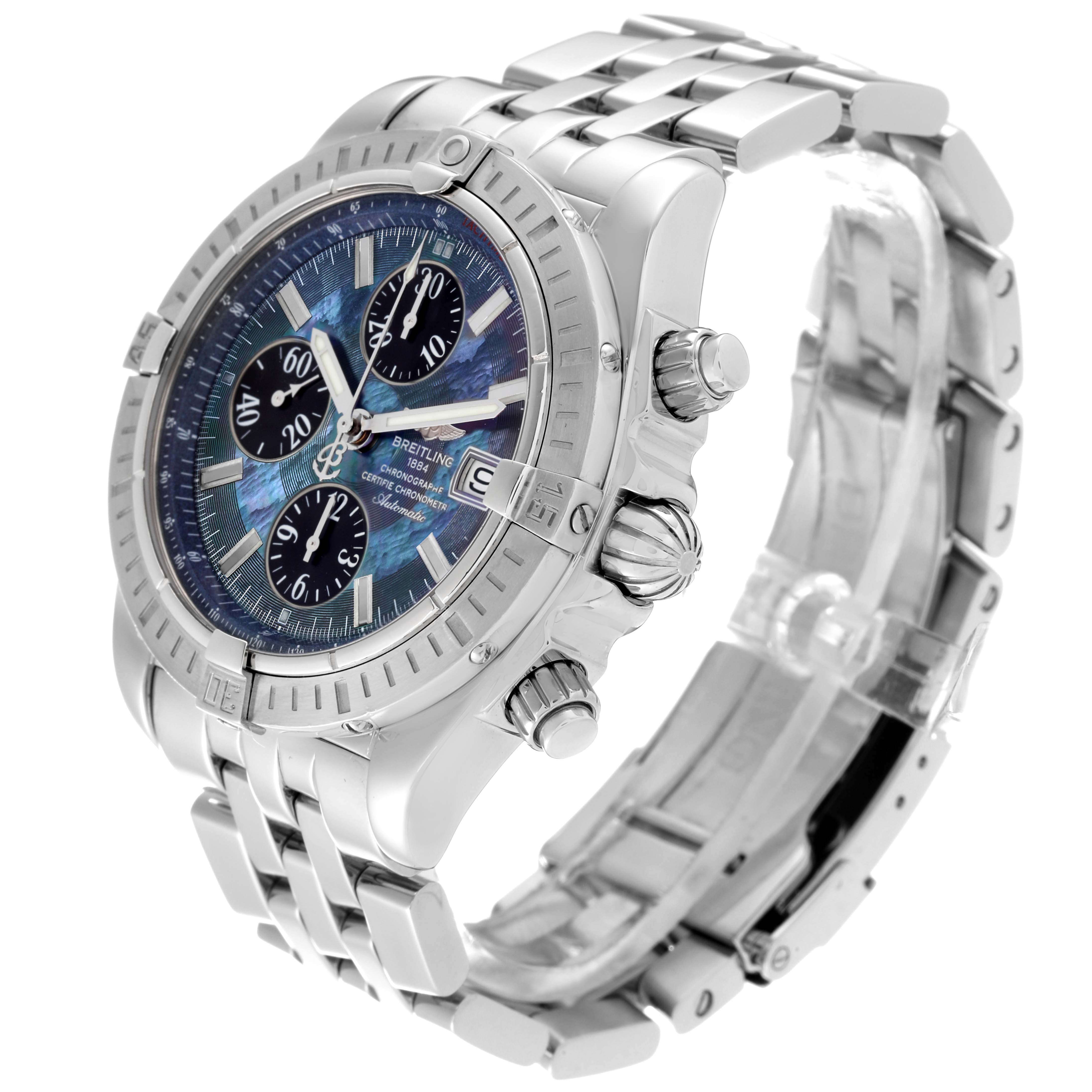 The Breitling Chronomat A13356 Men's Stainless Steel Mother of Pearl Dial A13356 Men's Stainless Steel Mother of Pearl Dial watch is shown from a three-quarter angle, displaying its case, dial, chronograph sub-dials, and bracelet.