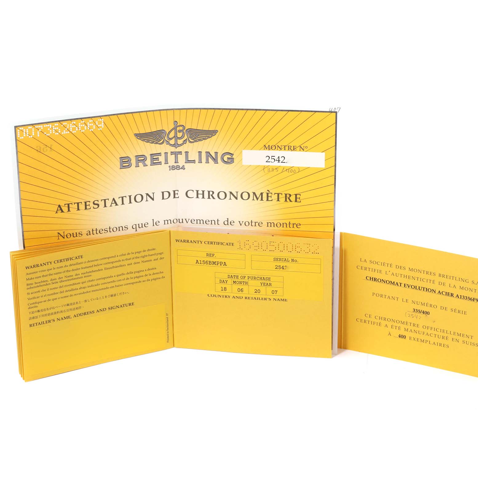 The image shows the warranty certificate and chronometer certification for Breitling Chronomat A13356 Men's Stainless Steel Mother of Pearl Dial A13356 Men's Stainless Steel Mother of Pearl Dial model.