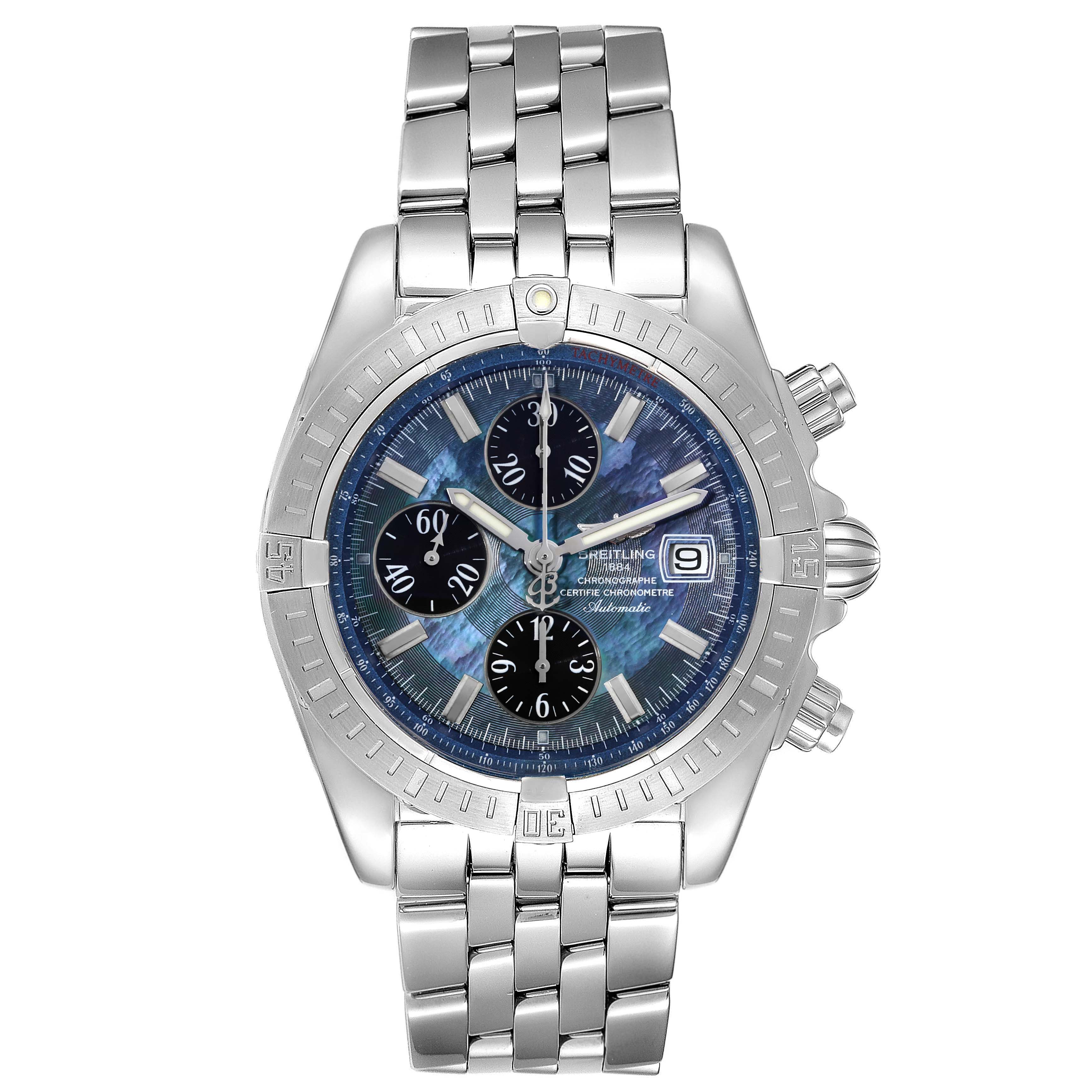 The image shows a front view of the Breitling Chronomat A13356 Men's Stainless Steel Mother of Pearl Dial A13356 Men's Stainless Steel Mother of Pearl Dial watch, displaying its face, bezel, subdials, date window, and metal bracelet.