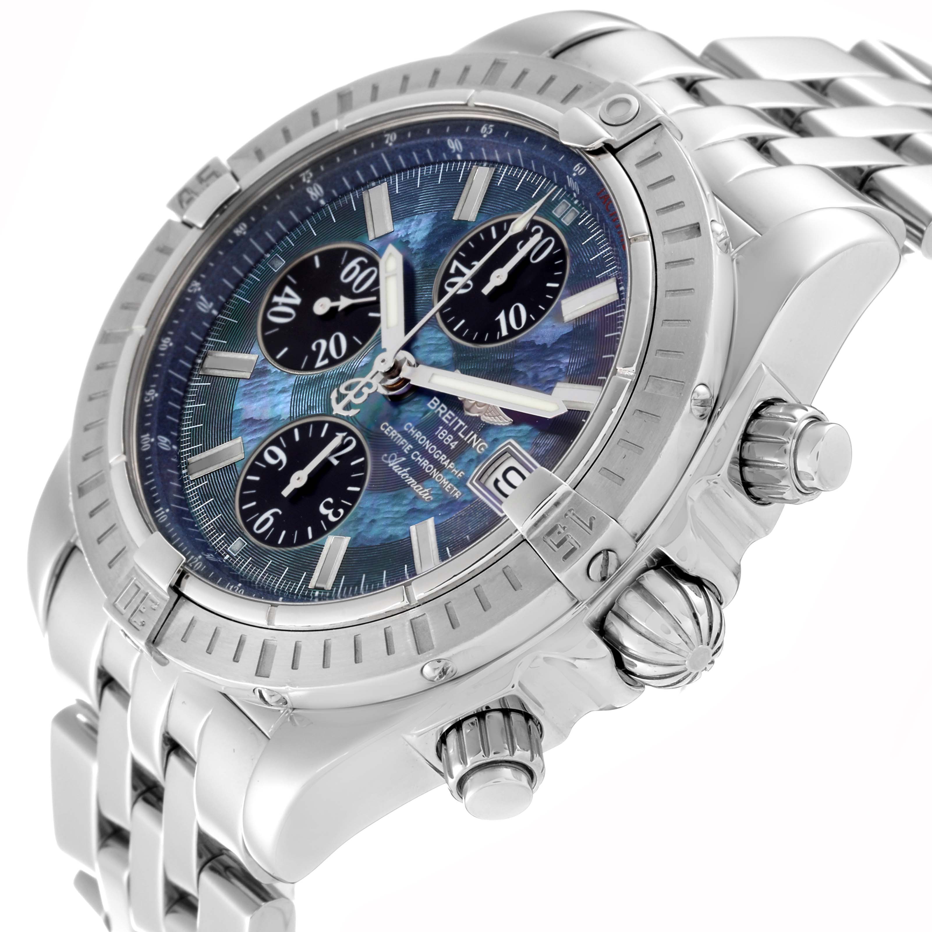 The image shows a close-up, tilted angle of the Breitling Chronomat A13356 Men's Stainless Steel Mother of Pearl Dial A13356 Men's Stainless Steel Mother of Pearl Dial watch, highlighting its stainless steel case, bezel, and dials.