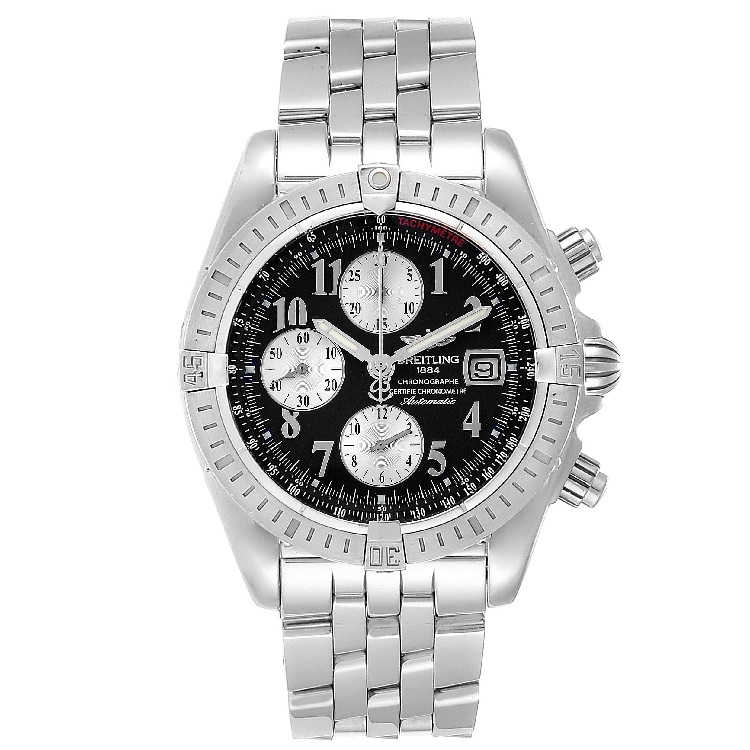 The image shows a front view of the Breitling Chronomat A13356 Men's Stainless Steel Black Dial A13356 Men's Stainless Steel Black Dial watch, displaying its dial, bezel, pushers, and bracelet.