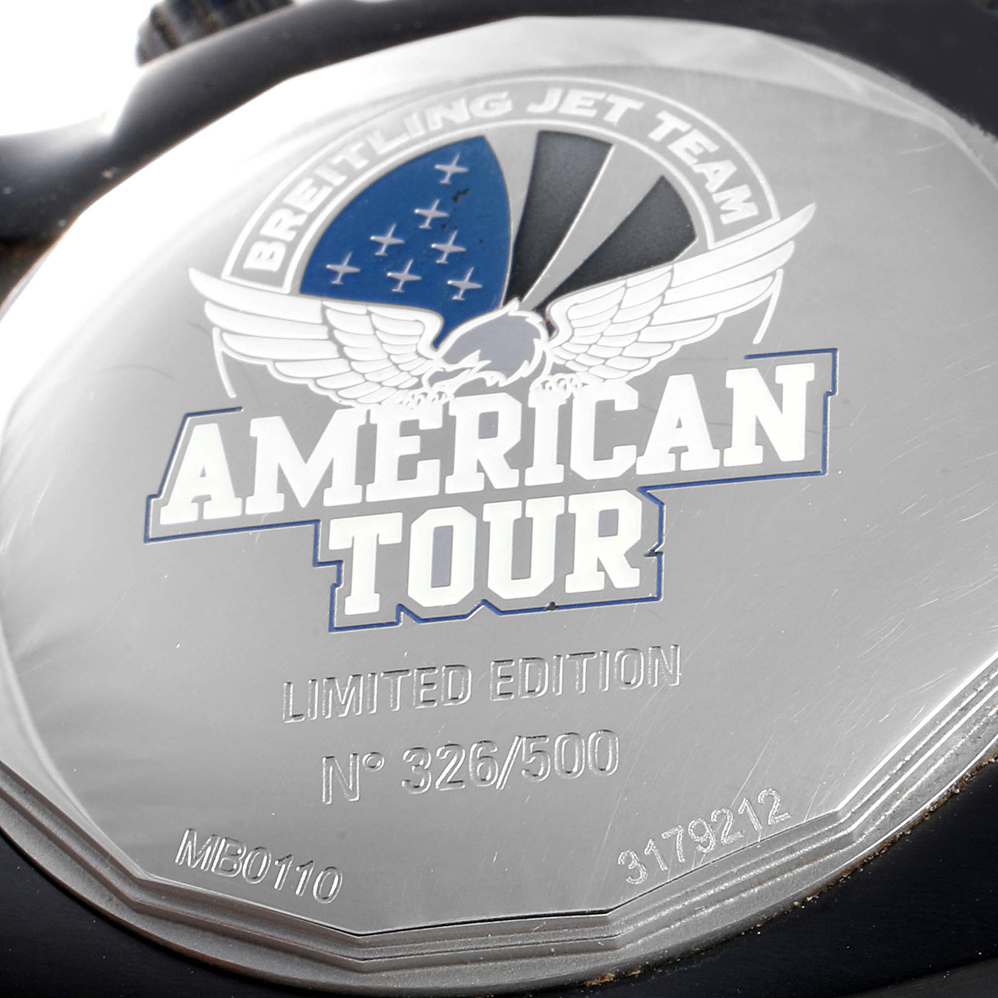 This is the back view of a Breitling Chronomat MB01109P/BD48-153S Men's Stainless Steel Black Dial MB01109P/BD48-153S Men's Stainless Steel Black Dial watch, featuring an "American Tour" limited edition engraving.