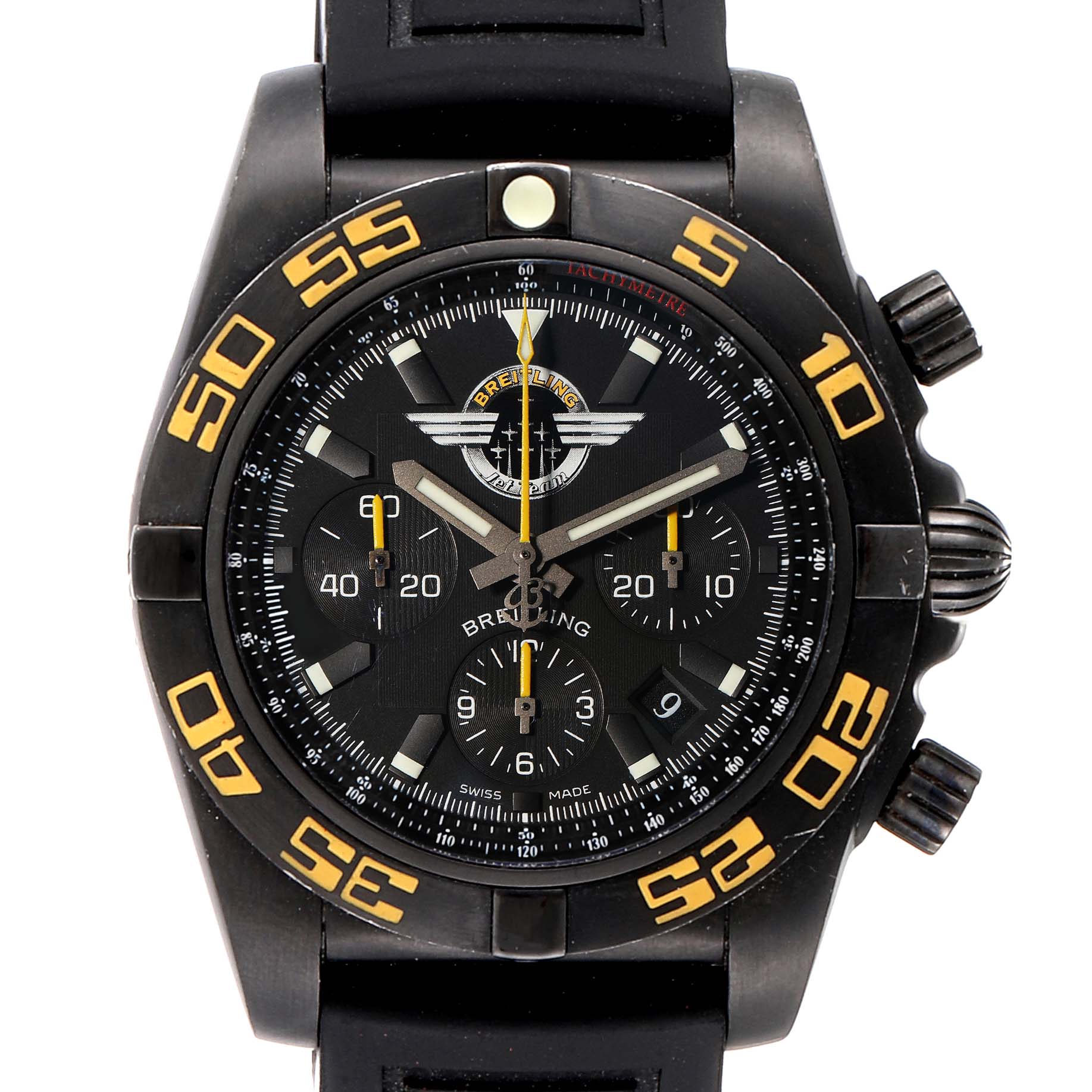 The image shows a frontal view of the Breitling Chronomat MB01109P/BD48-153S Men's Stainless Steel Black Dial MB01109P/BD48-153S Men's Stainless Steel Black Dial watch, highlighting its dial, bezel, and chronograph functions.