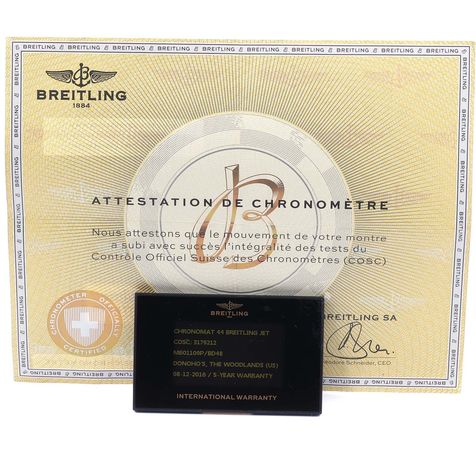 The image shows the official certification document and warranty card for the Breitling Chronomat MB01109P/BD48-153S Men's Stainless Steel Black Dial MB01109P/BD48-153S Men's Stainless Steel Black Dial model.
