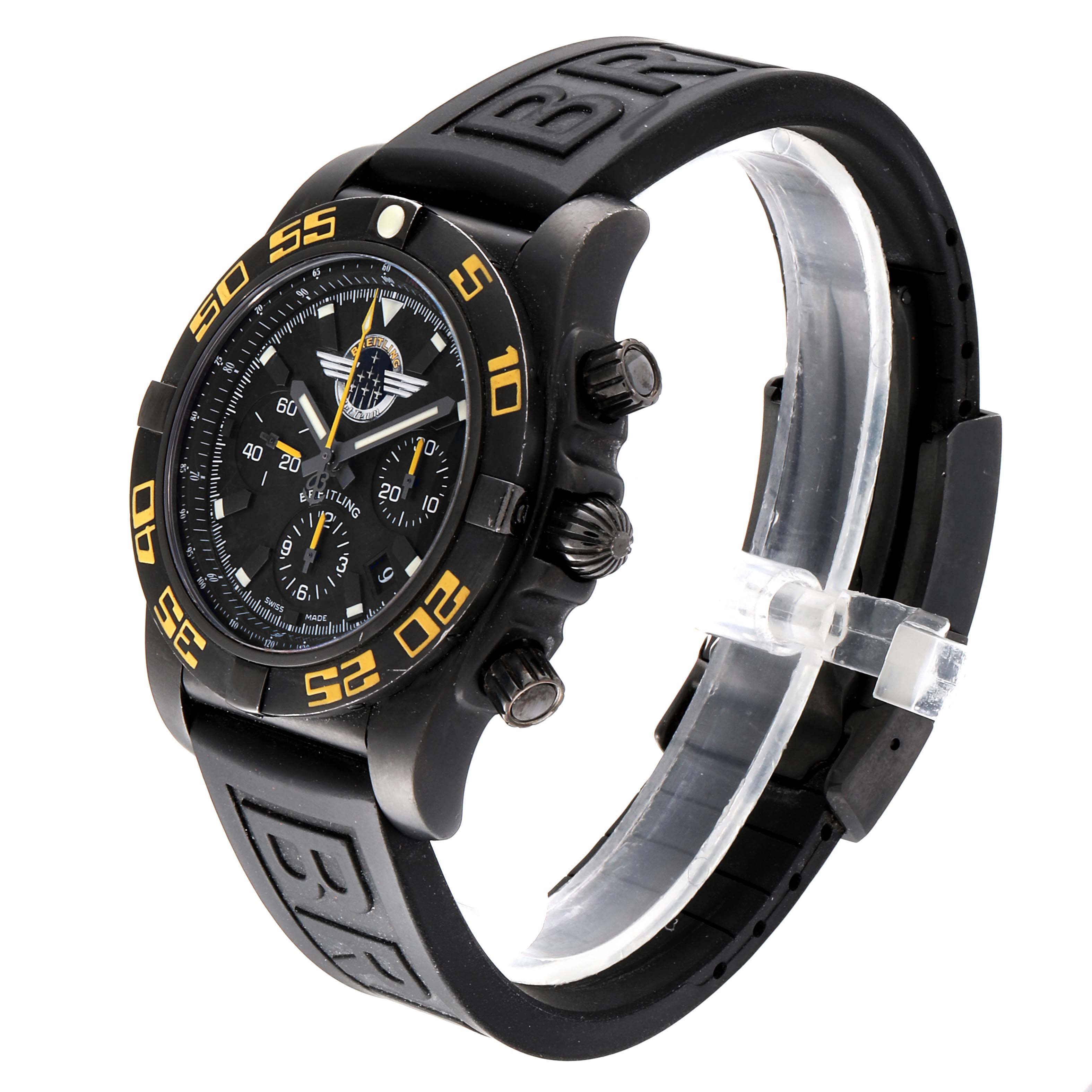 The Breitling Chronomat MB01109P/BD48-153S Men's Stainless Steel Black Dial MB01109P/BD48-153S Men's Stainless Steel Black Dial watch is shown at a three-quarter angle, highlighting the face, bezel, and rubber strap.