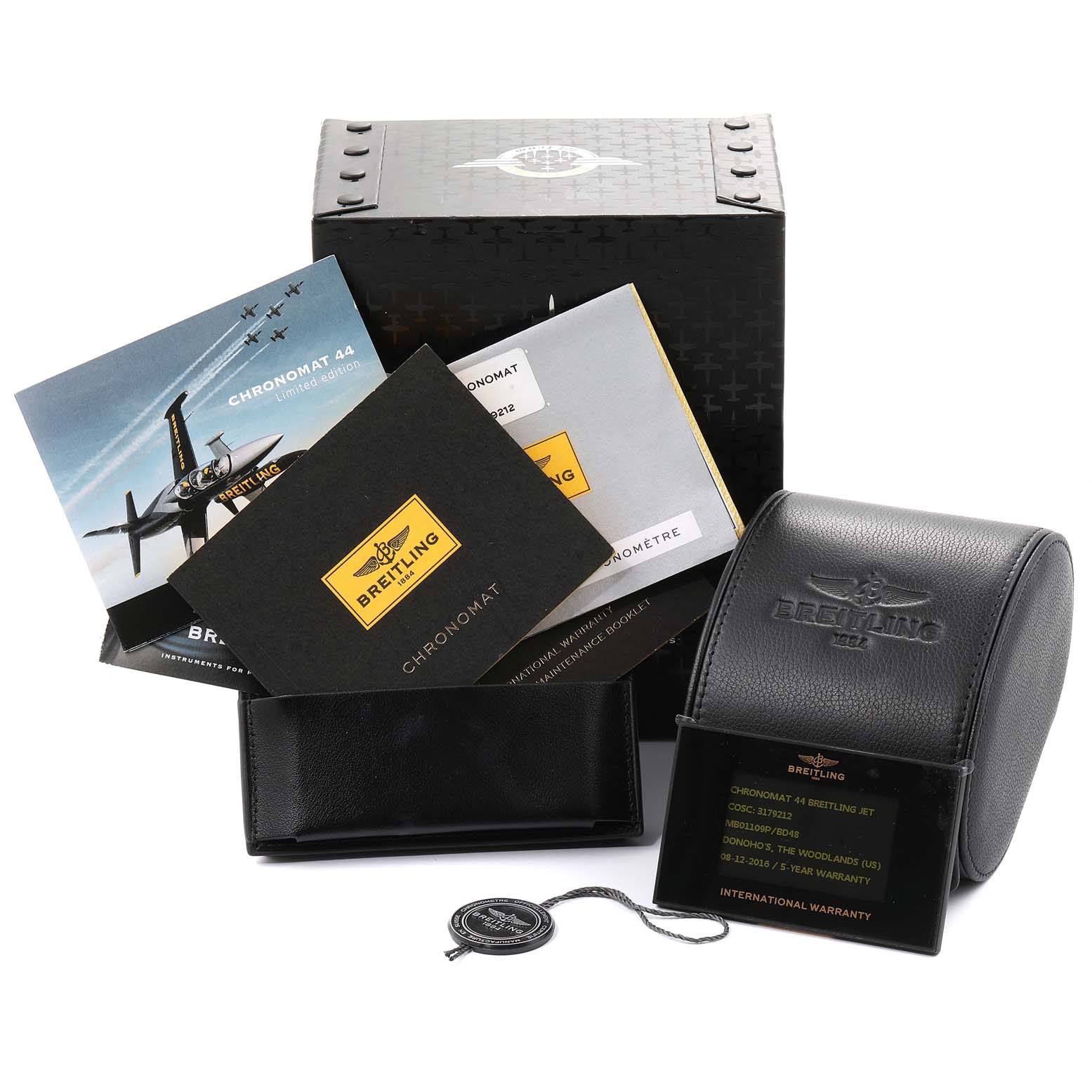 The image shows the packaging and accessories for a Breitling Chronomat MB01109P/BD48-153S Men's Stainless Steel Black Dial MB01109P/BD48-153S Men's Stainless Steel Black Dial watch, including manuals, a box, a case, and a warranty card.