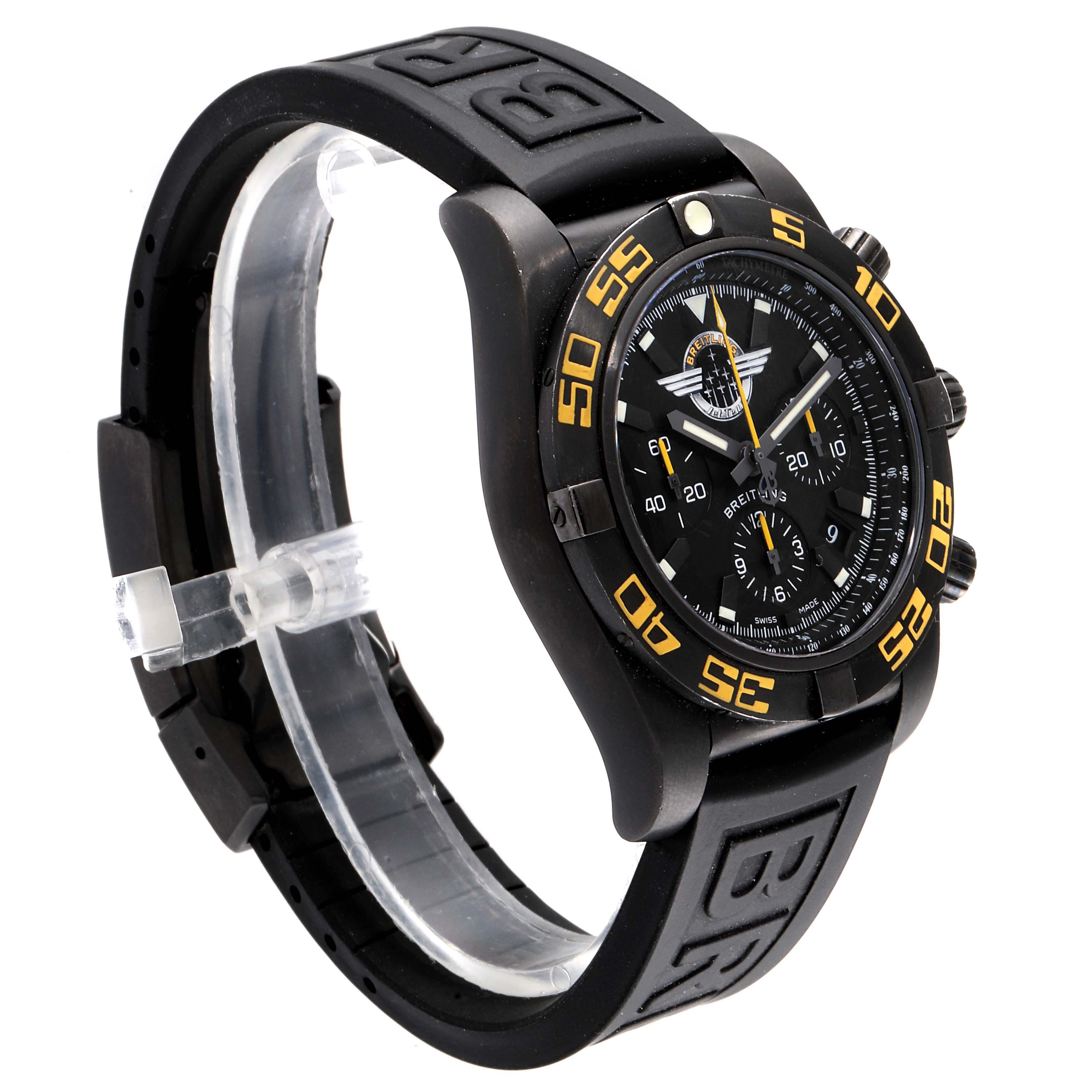 The image shows a side angled view of a Breitling Chronomat MB01109P/BD48-153S Men's Stainless Steel Black Dial MB01109P/BD48-153S Men's Stainless Steel Black Dial watch, highlighting the dial, bezel, and strap.