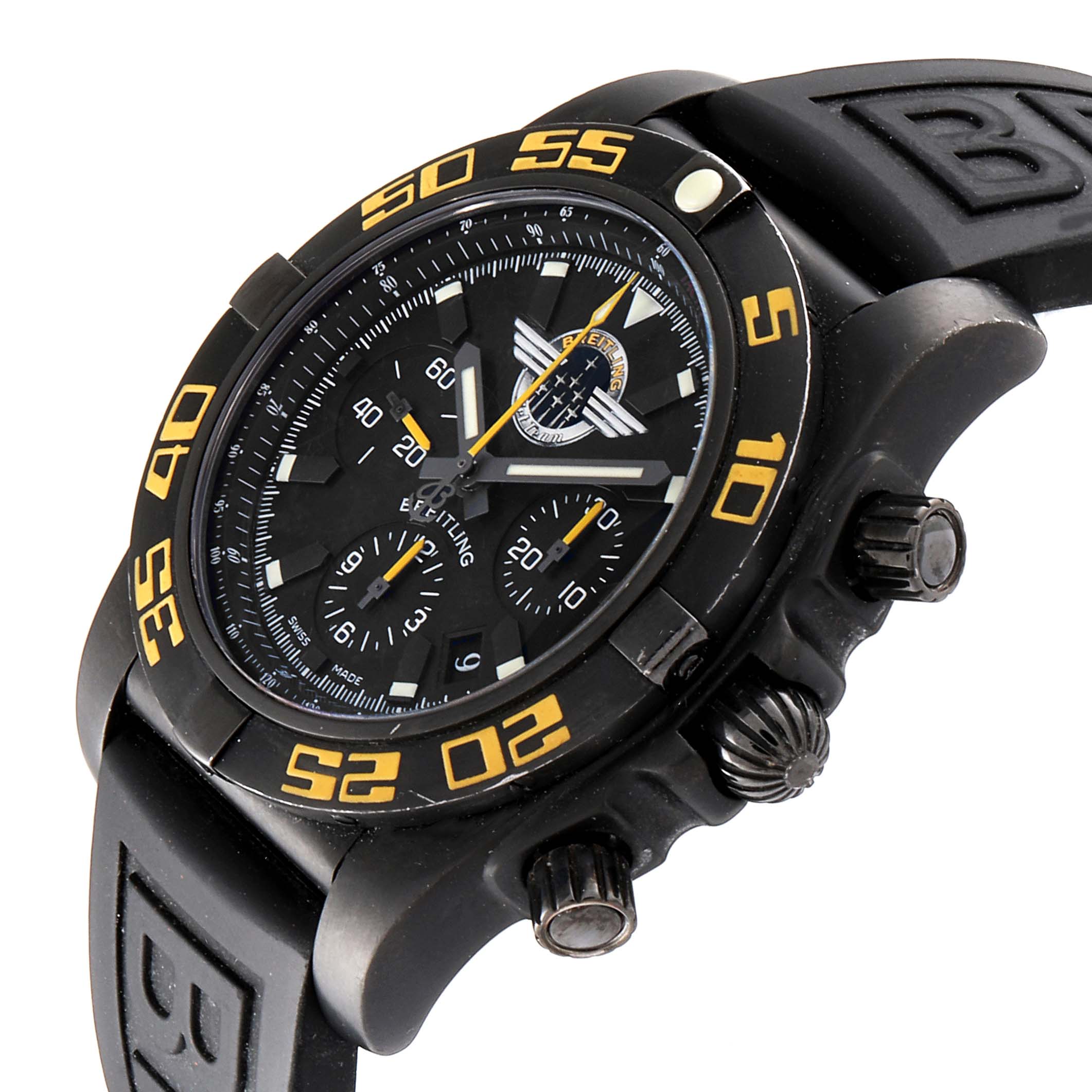 The image shows a slightly angled view of the Breitling Chronomat MB01109P/BD48-153S Men's Stainless Steel Black Dial MB01109P/BD48-153S Men's Stainless Steel Black Dial watch, highlighting the face, bezel, and side buttons.