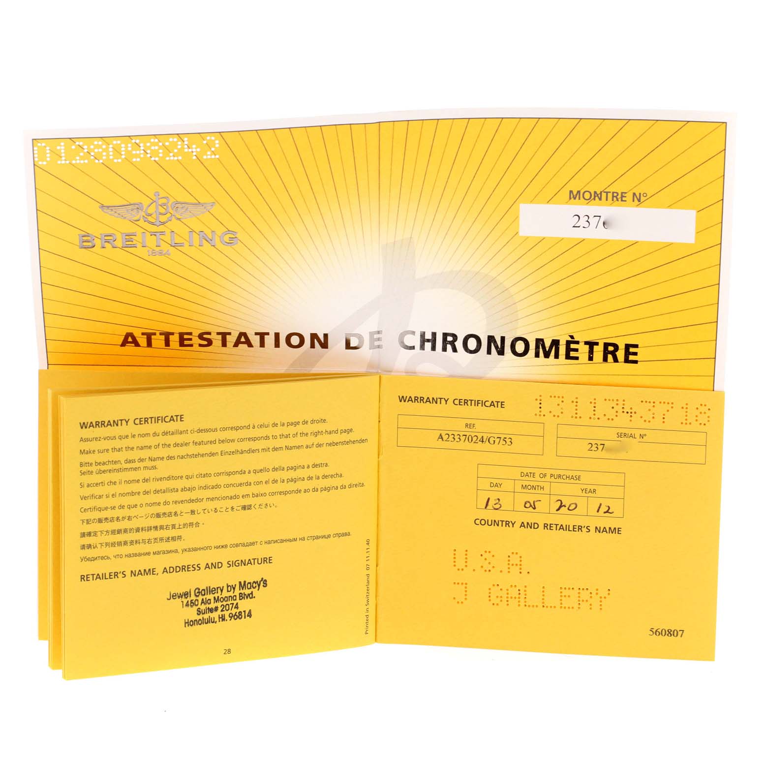 The image shows the warranty and chronometer attestation certificates for a Breitling Superocean A23370 Men's Stainless Steel Silver Dial A23370 Men's Stainless Steel Silver Dial watch.