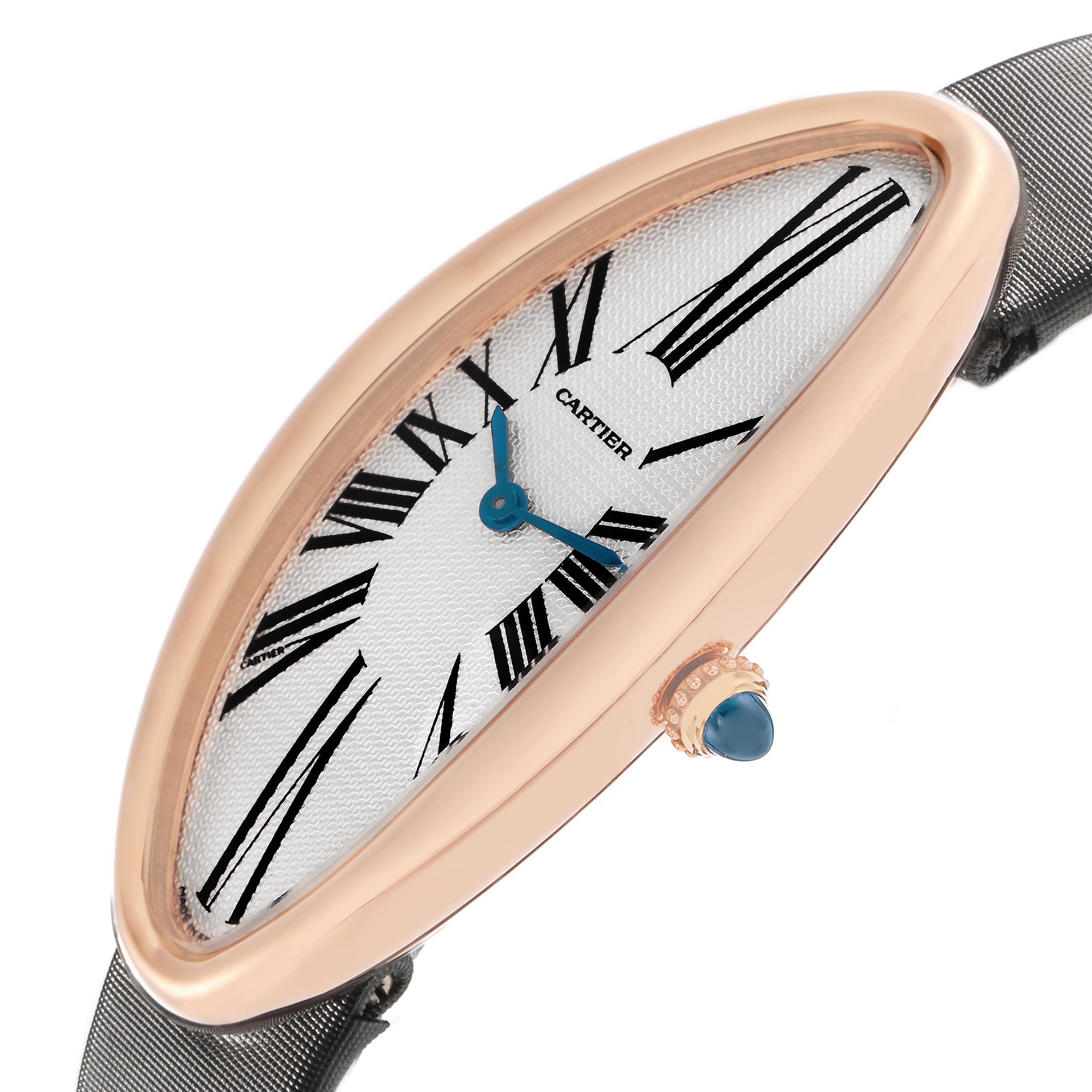 The Cartier Baignoire W1532256 Women's Rose Gold Silver Dial W1532256 Women's Rose Gold Silver Dial watch is shown from an angled side view, highlighting the dial, Roman numerals, bezel, and crown.