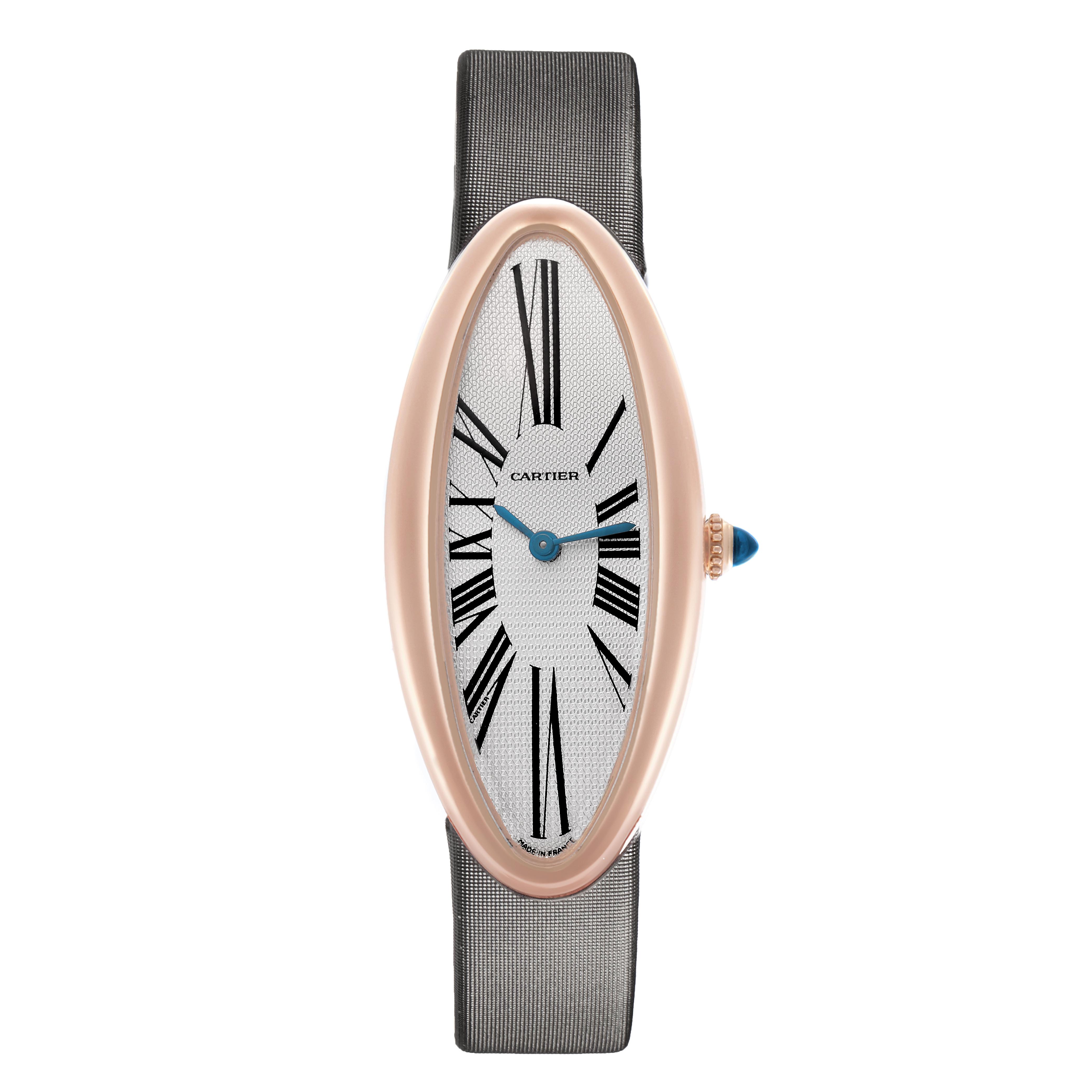 The Cartier Baignoire W1532256 Women's Rose Gold Silver Dial W1532256 Women's Rose Gold Silver Dial watch is shown from the front, highlighting its oval face, Roman numerals, and sleek black strap.