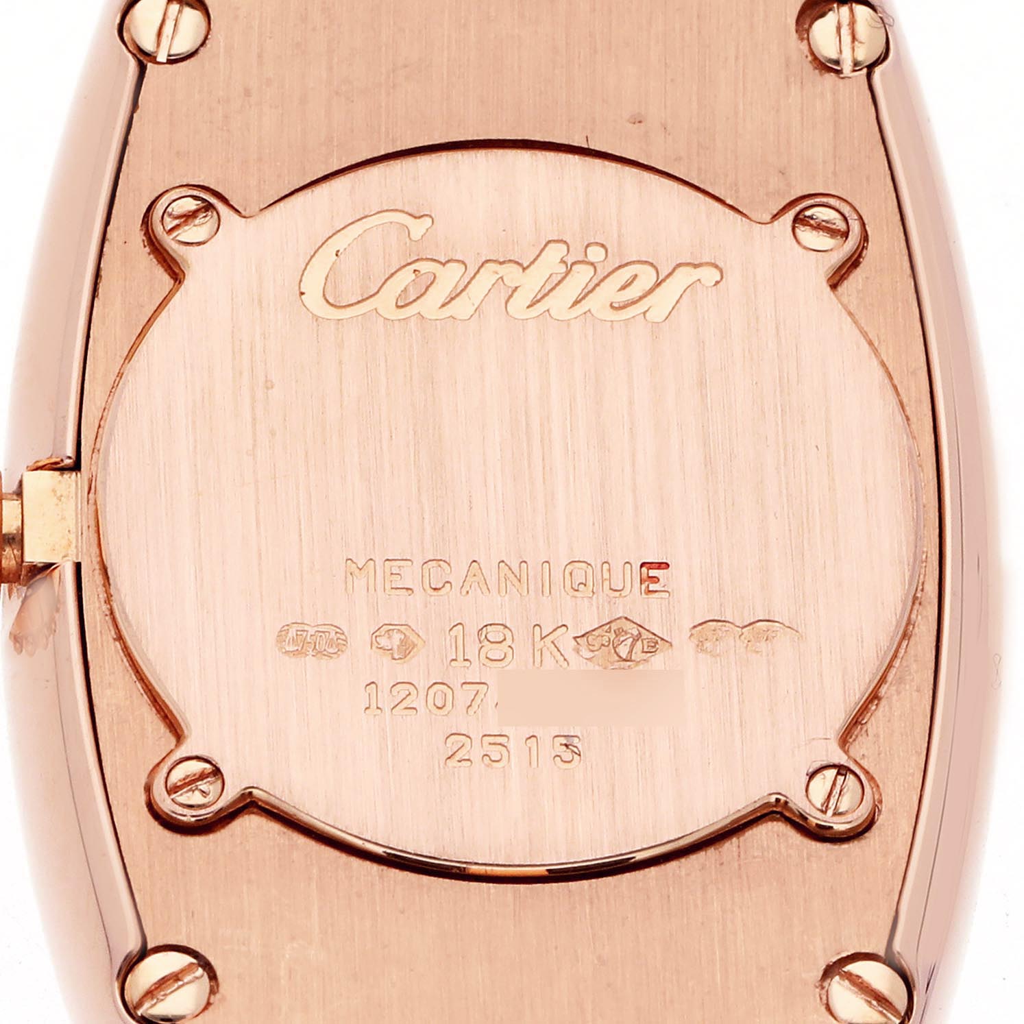 The image shows the back case of a Cartier Baignoire W1532256 Women's Rose Gold Silver Dial W1532256 Women's Rose Gold Silver Dial watch, featuring inscriptions and screws, viewed from a direct angle.