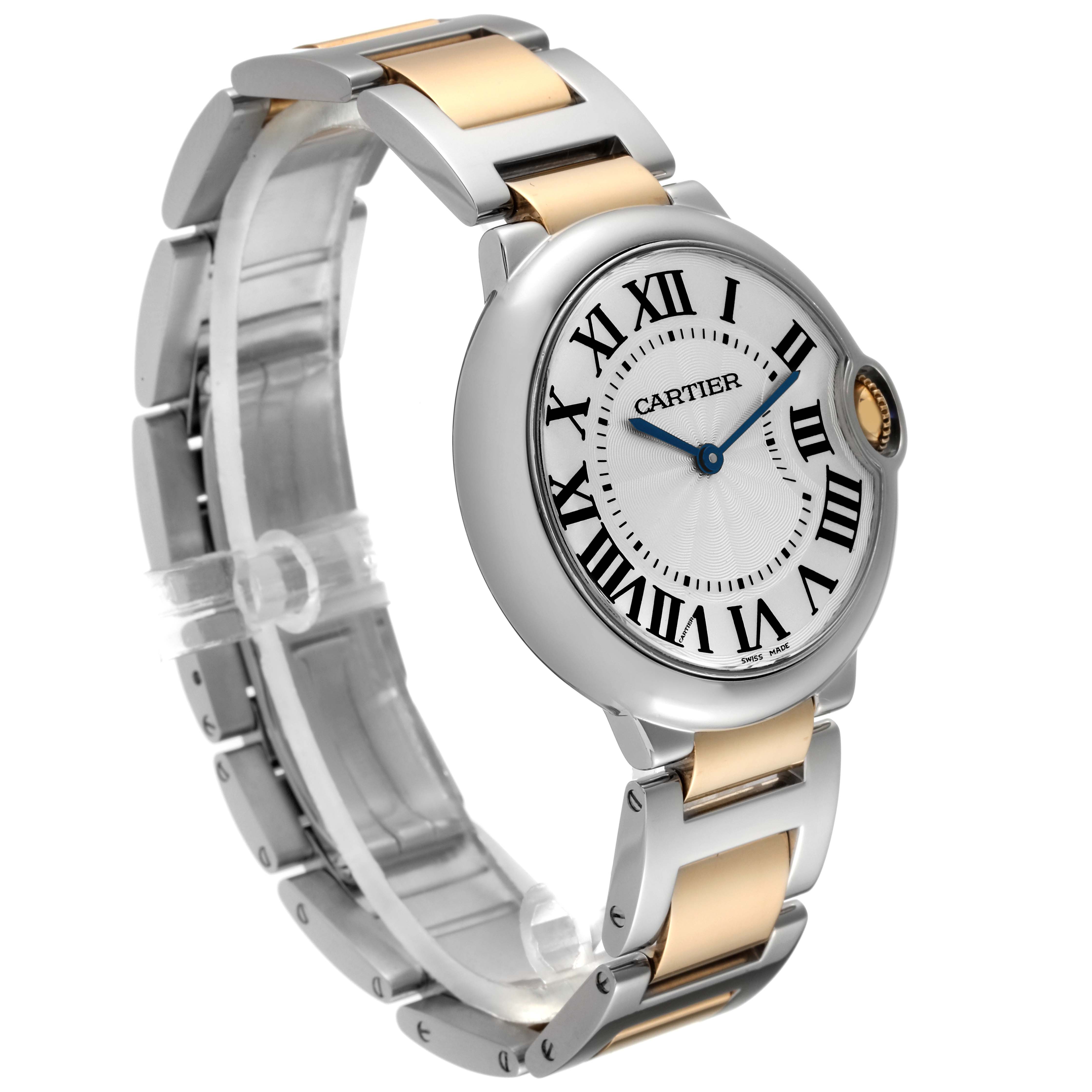 This image shows a side view of a Cartier Ballon Bleu W69008Z3 Men
s Steel and Gold (two tone) Silver Dial W69008Z3 Men
s Steel and Gold (two tone) Silver Dial watch, highlighting its face, band, and crown.