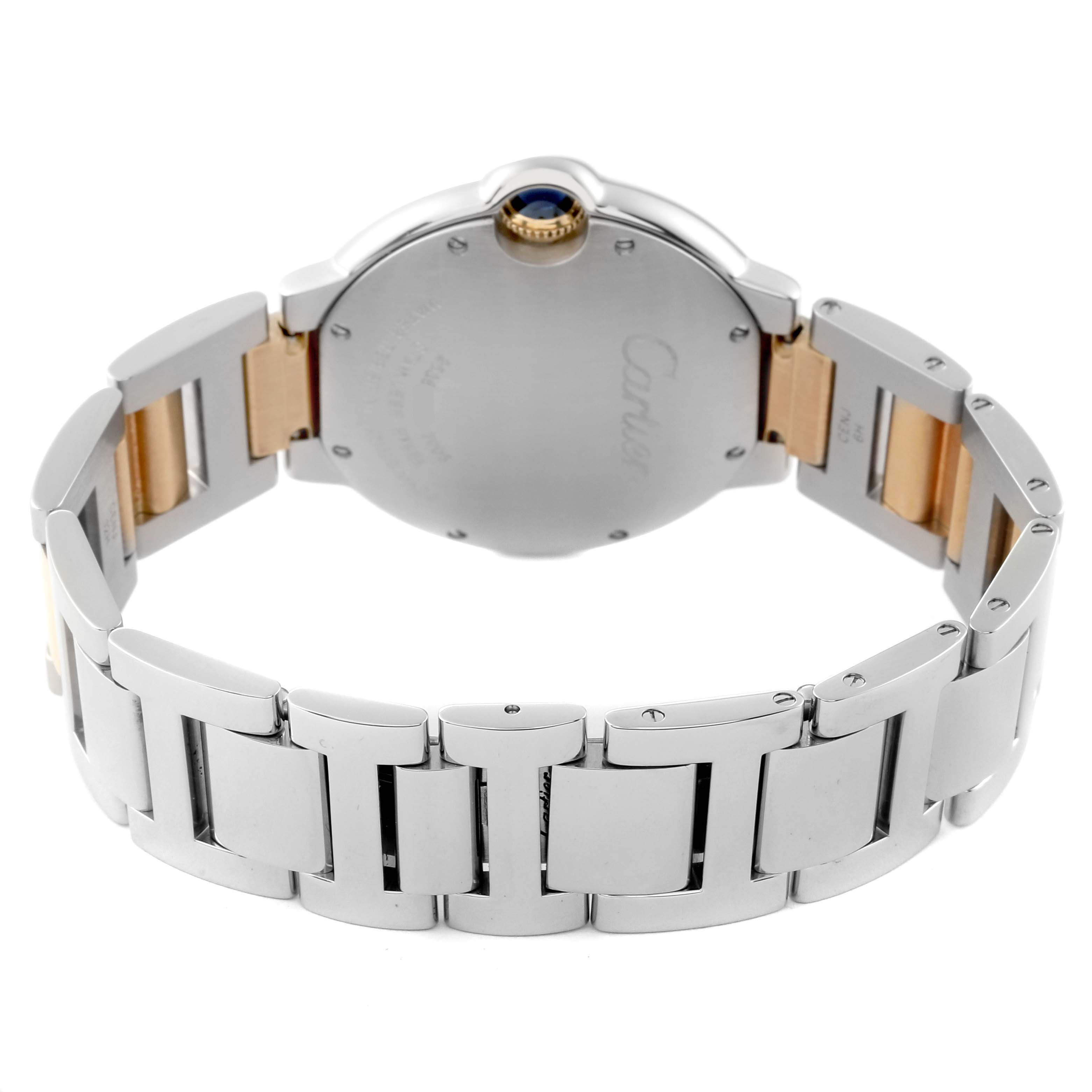 The image shows the back view and bracelet of a Ballon Bleu watch by Cartier.