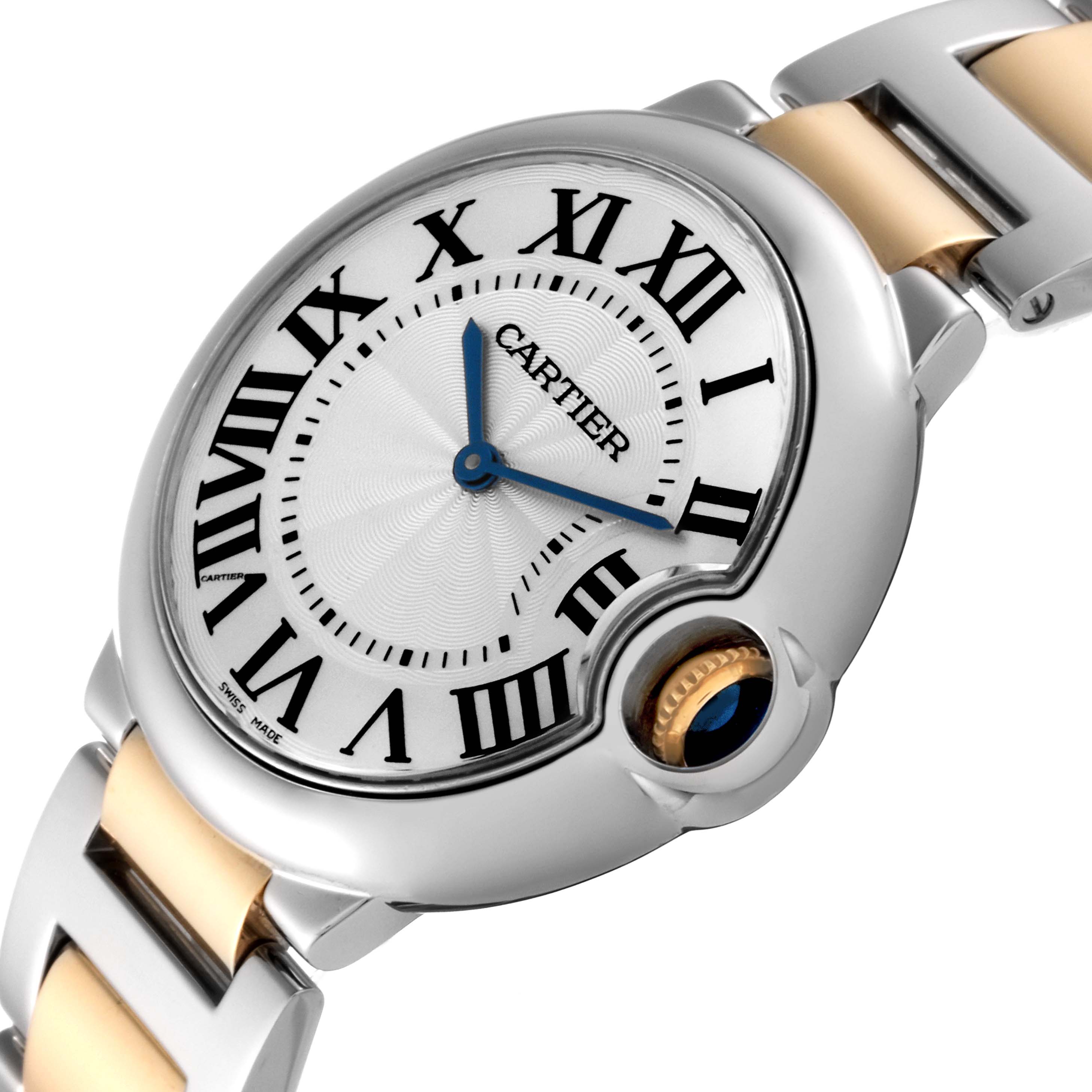 The image shows a Cartier Ballon Bleu W69008Z3 Men
s Steel and Gold (two tone) Silver Dial W69008Z3 Men
s Steel and Gold (two tone) Silver Dial watch at an oblique angle, highlighting its face, crown, and part of the two-tone bracelet.