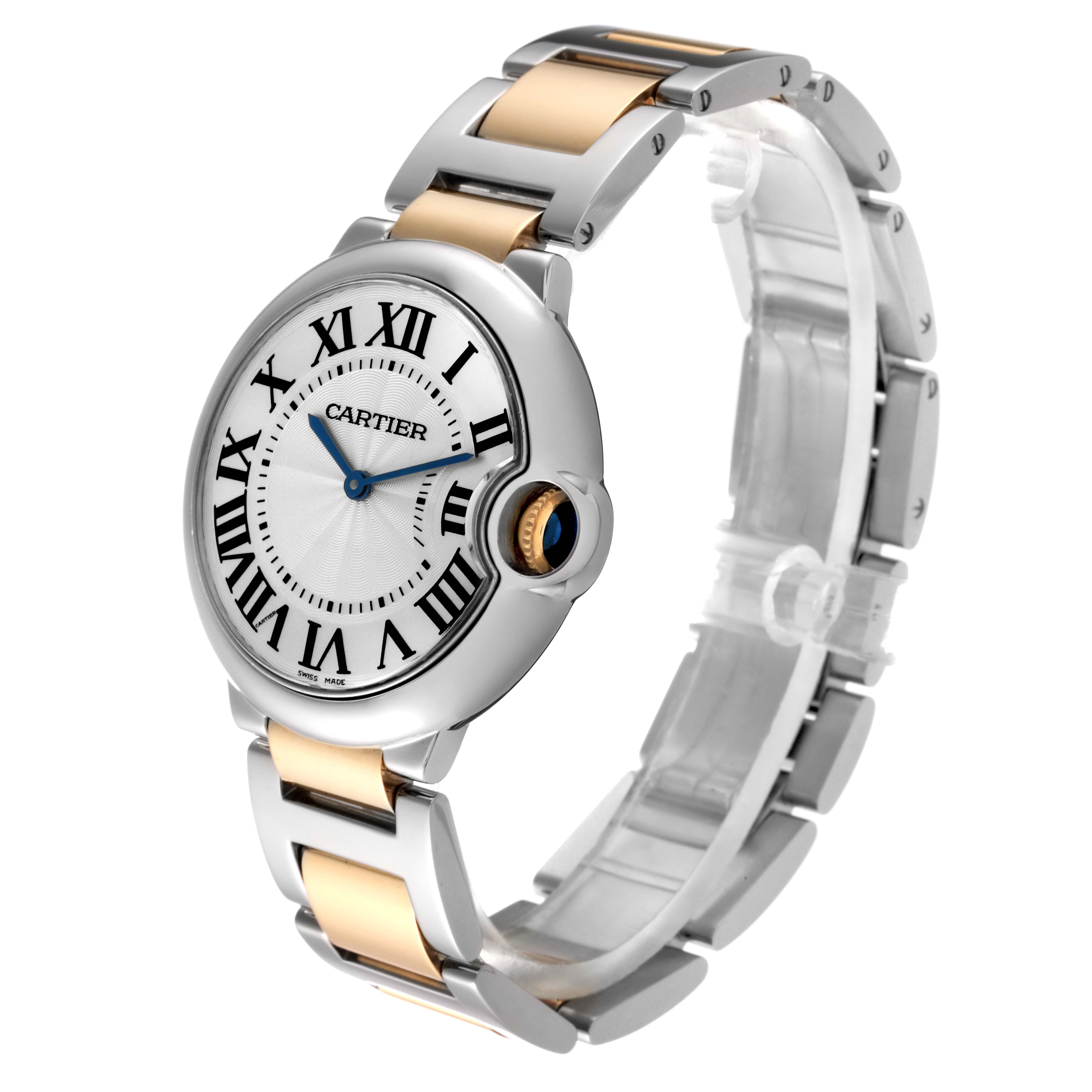 The Cartier Ballon Bleu W69008Z3 Men
s Steel and Gold (two tone) Silver Dial W69008Z3 Men
s Steel and Gold (two tone) Silver Dial watch is shown at a three-quarter angle, displaying the dial, case, and bracelet.