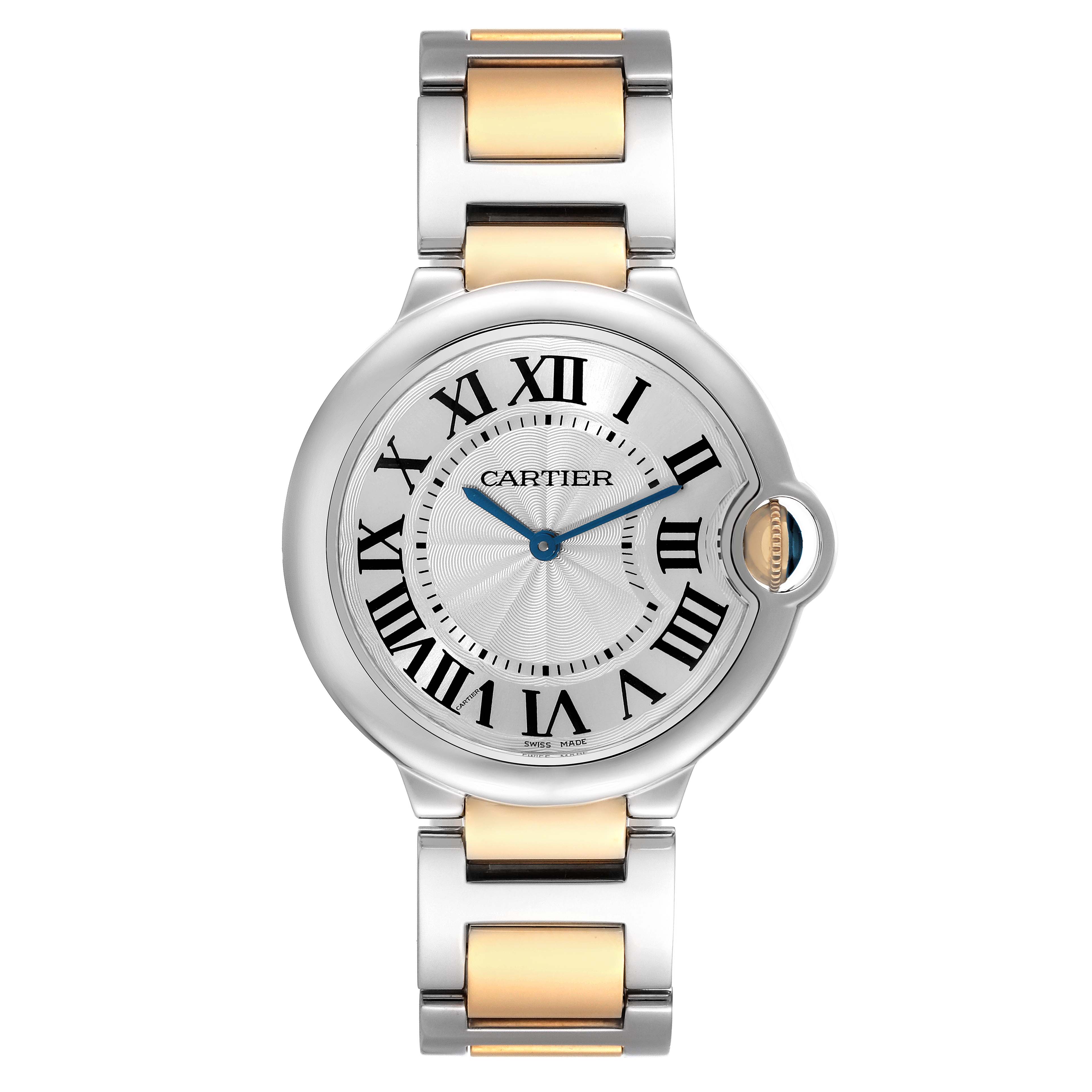 The image shows a front view of the Cartier Ballon Bleu W69008Z3 Men
s Steel and Gold (two tone) Silver Dial W69008Z3 Men
s Steel and Gold (two tone) Silver Dial watch, displaying the face, roman numeral hour markers, and two-tone bracelet.
