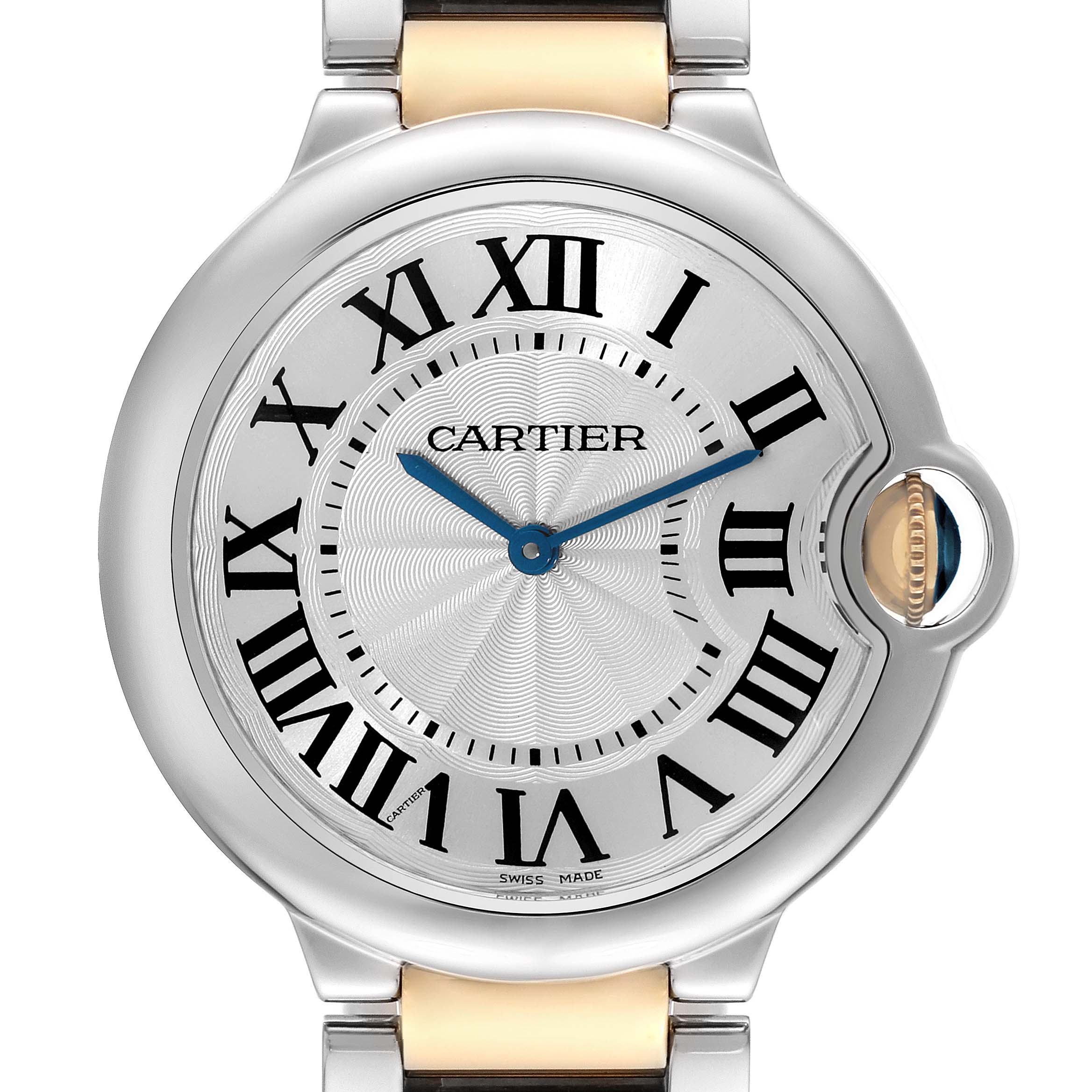 This Cartier Ballon Bleu W69008Z3 Men
s Steel and Gold (two tone) Silver Dial W69008Z3 Men
s Steel and Gold (two tone) Silver Dial watch is shown from the front, displaying its face, Roman numerals, and distinctive blue hands.