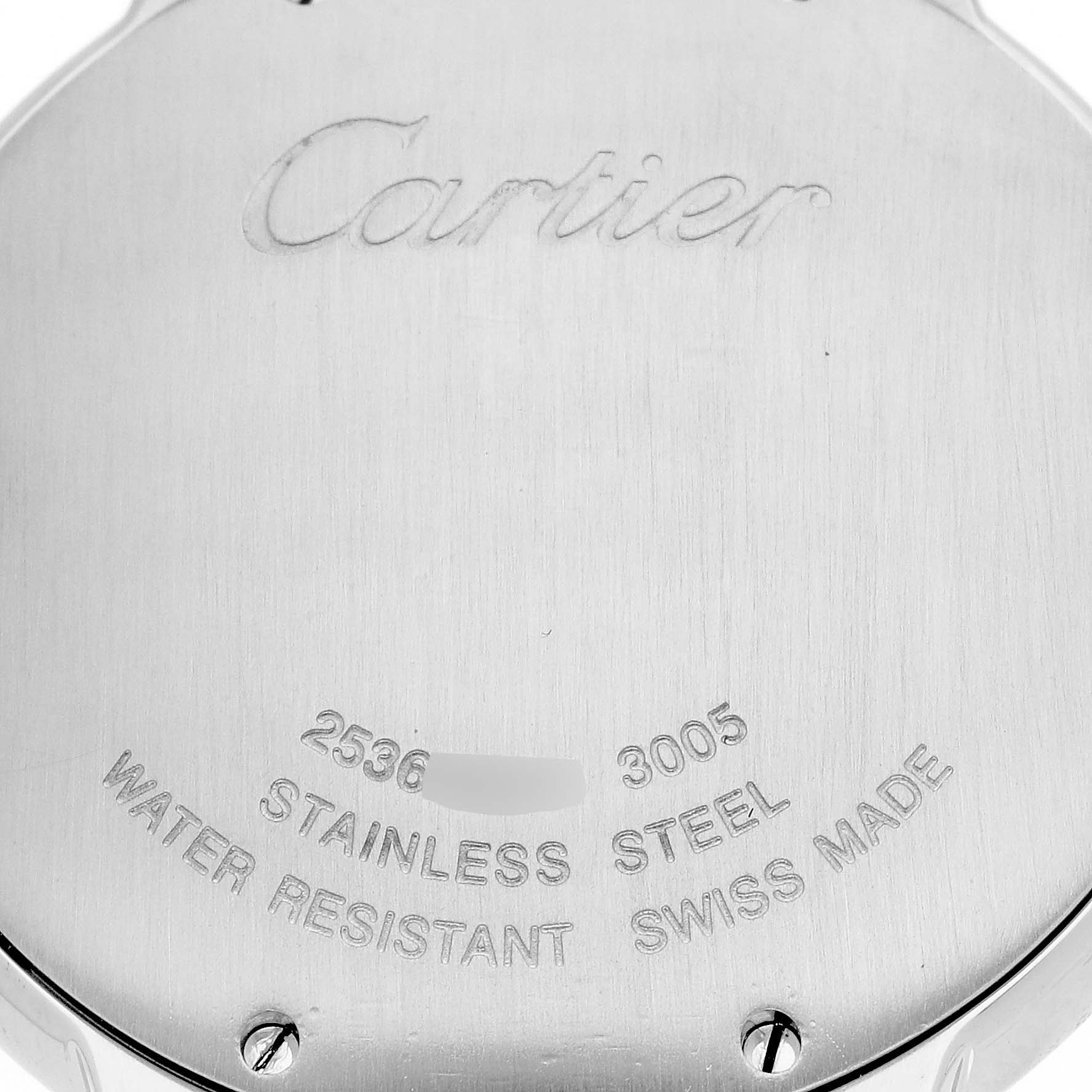 This image shows the backside of a stainless steel Cartier Ballon Bleu W69008Z3 Men
s Steel and Gold (two tone) Silver Dial W69008Z3 Men
s Steel and Gold (two tone) Silver Dial watch, displaying the brand name, model number, and specifications.