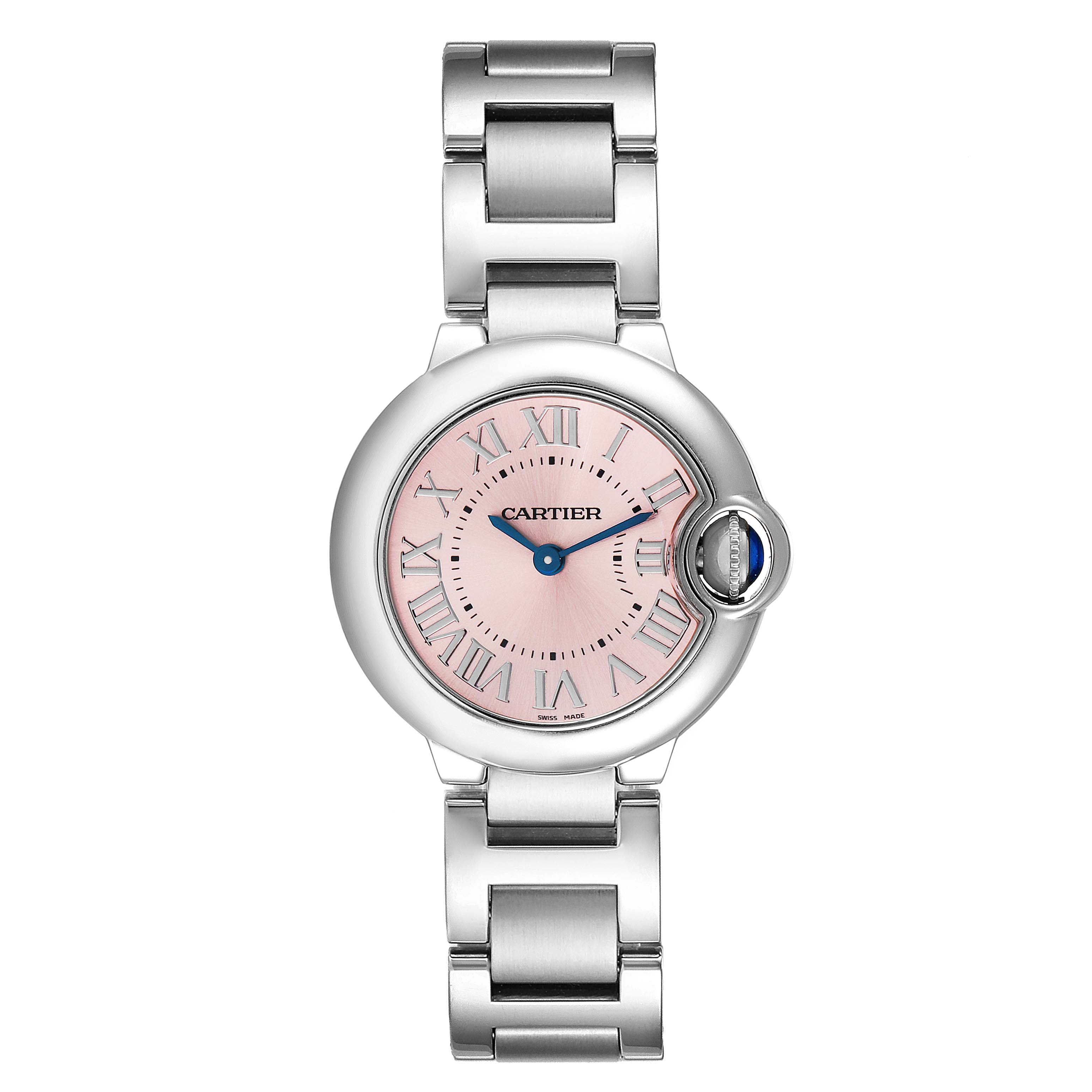 The image shows a front view of a Cartier Ballon Bleu W6920038 Women
s Stainless Steel Pink Dial W6920038 Women
s Stainless Steel Pink Dial watch with a pink dial and a silver bracelet.
