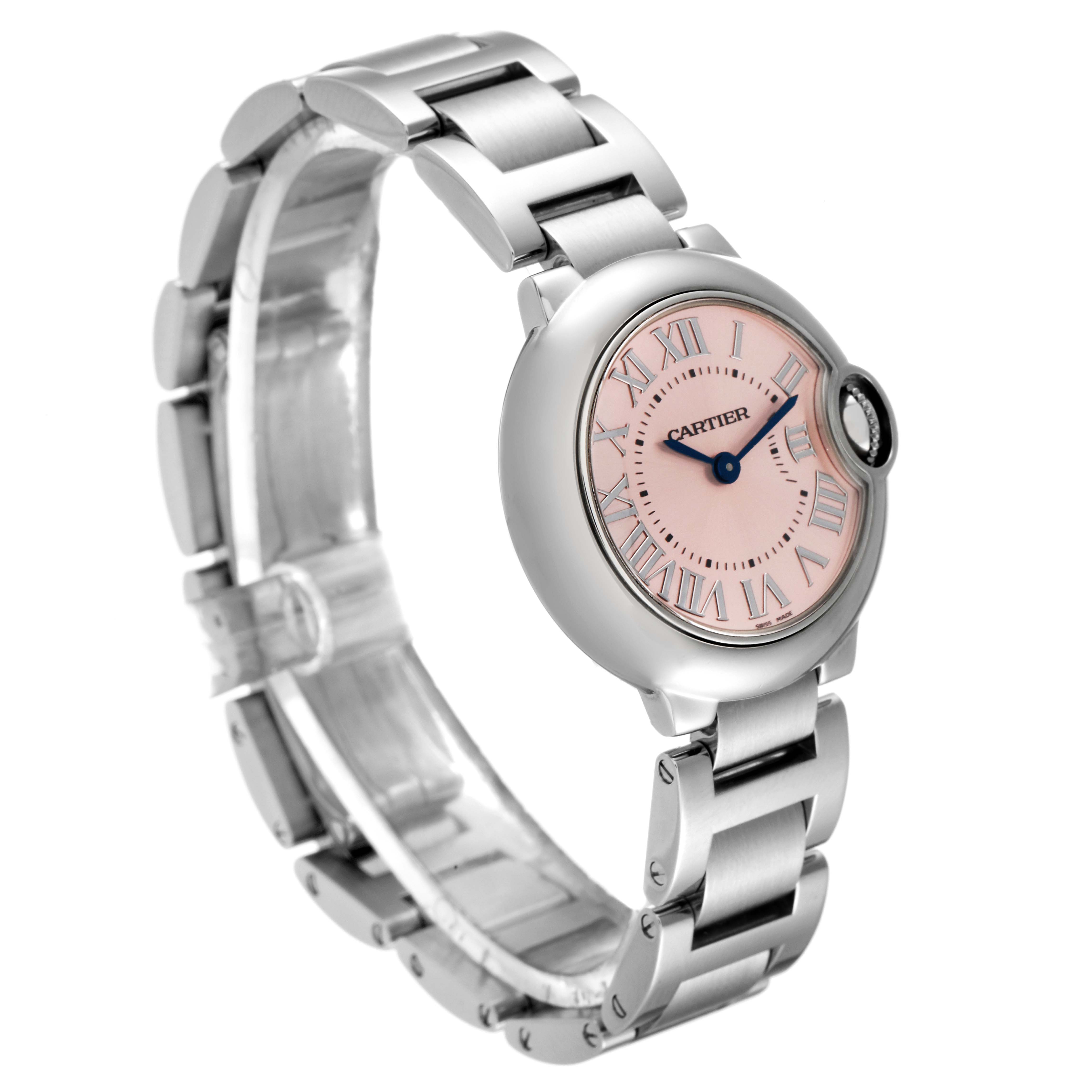 The Cartier Ballon Bleu W6920038 Women
s Stainless Steel Pink Dial W6920038 Women
s Stainless Steel Pink Dial watch is angled to show its face, band, and part of the side profile.