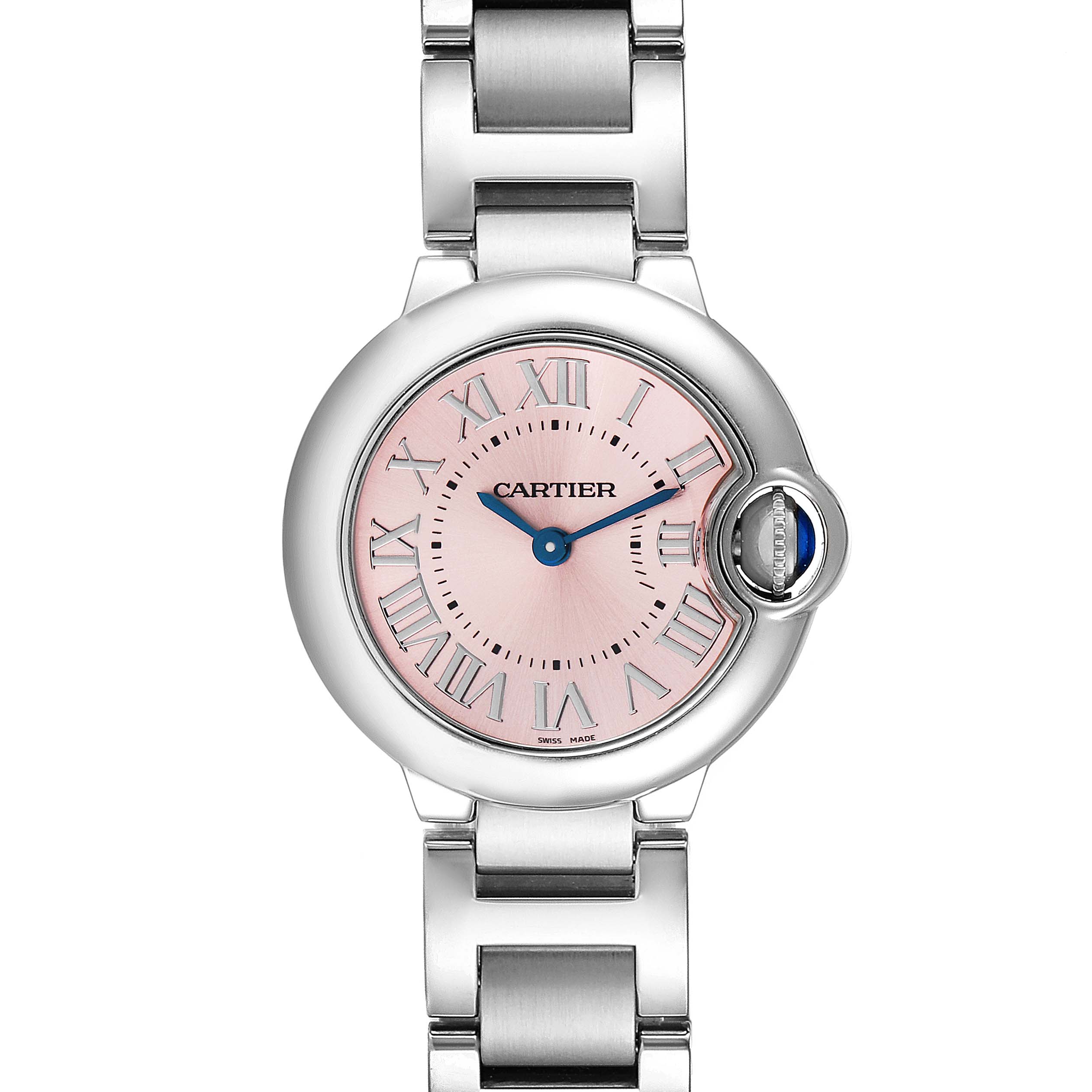 The image shows a frontal angle of a Cartier Ballon Bleu W6920038 Women
s Stainless Steel Pink Dial W6920038 Women
s Stainless Steel Pink Dial watch, displaying the face, bezel, and part of the bracelet.