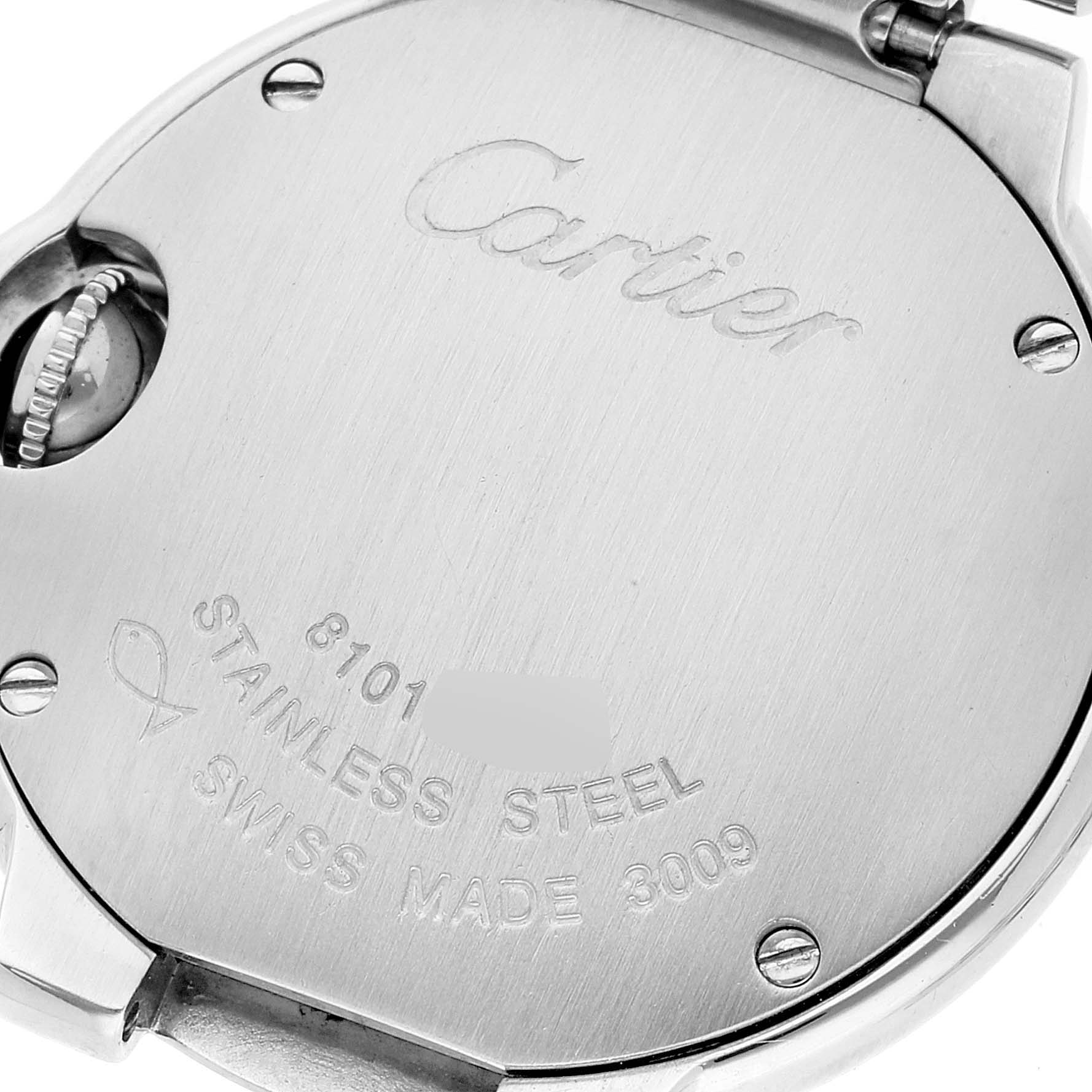 The image shows the stainless steel back case and part of the crown of a Cartier Ballon Bleu W6920038 Women
s Stainless Steel Pink Dial W6920038 Women
s Stainless Steel Pink Dial watch.