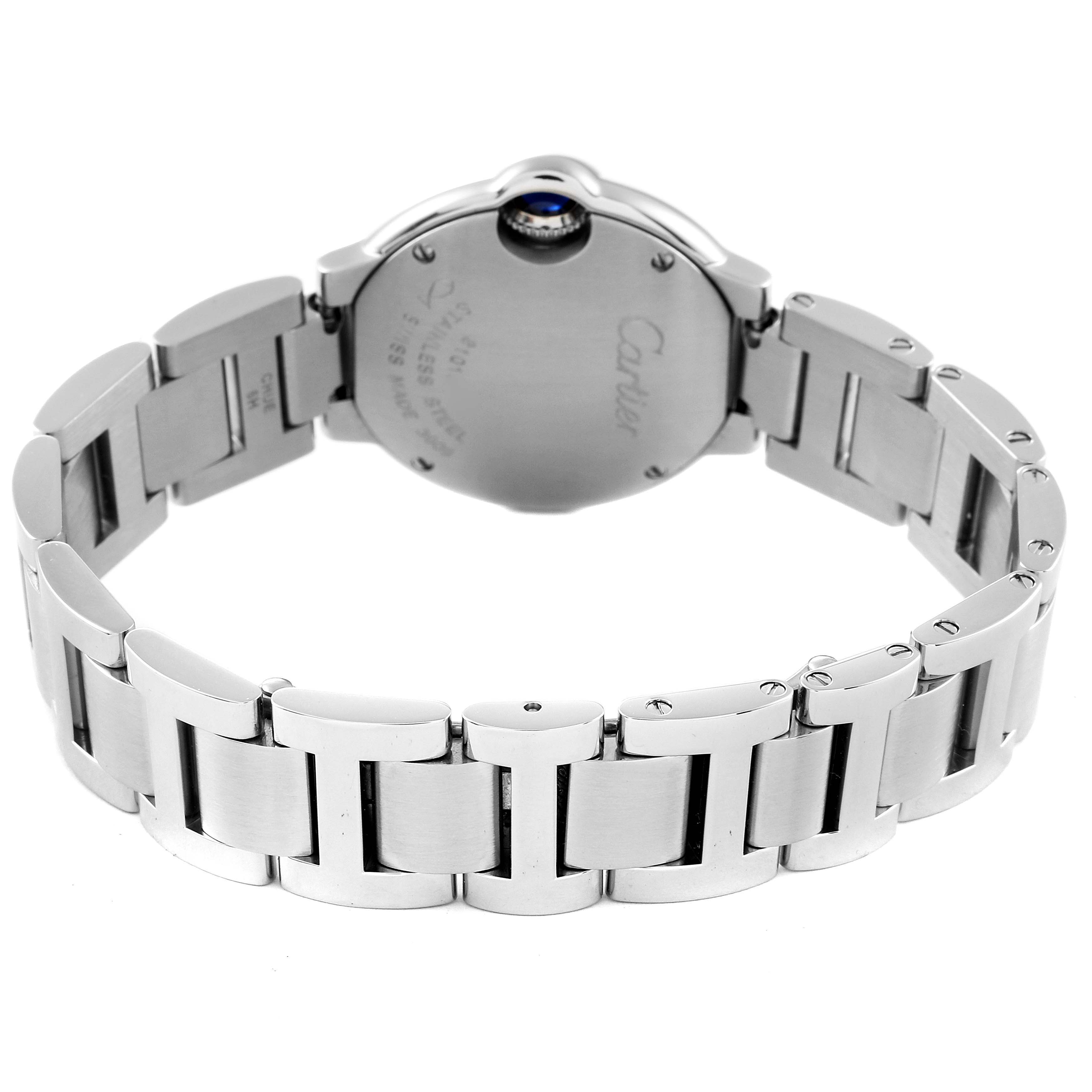 The image shows the back case and metal bracelet of a Cartier Ballon Bleu W6920038 Women
s Stainless Steel Pink Dial W6920038 Women
s Stainless Steel Pink Dial watch from a rear angle.